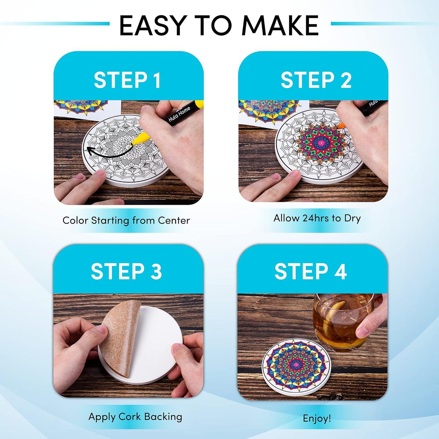 Kit de Posavasos Mandalas DIY Hula Home - 8 Cerámicos con Marcadores