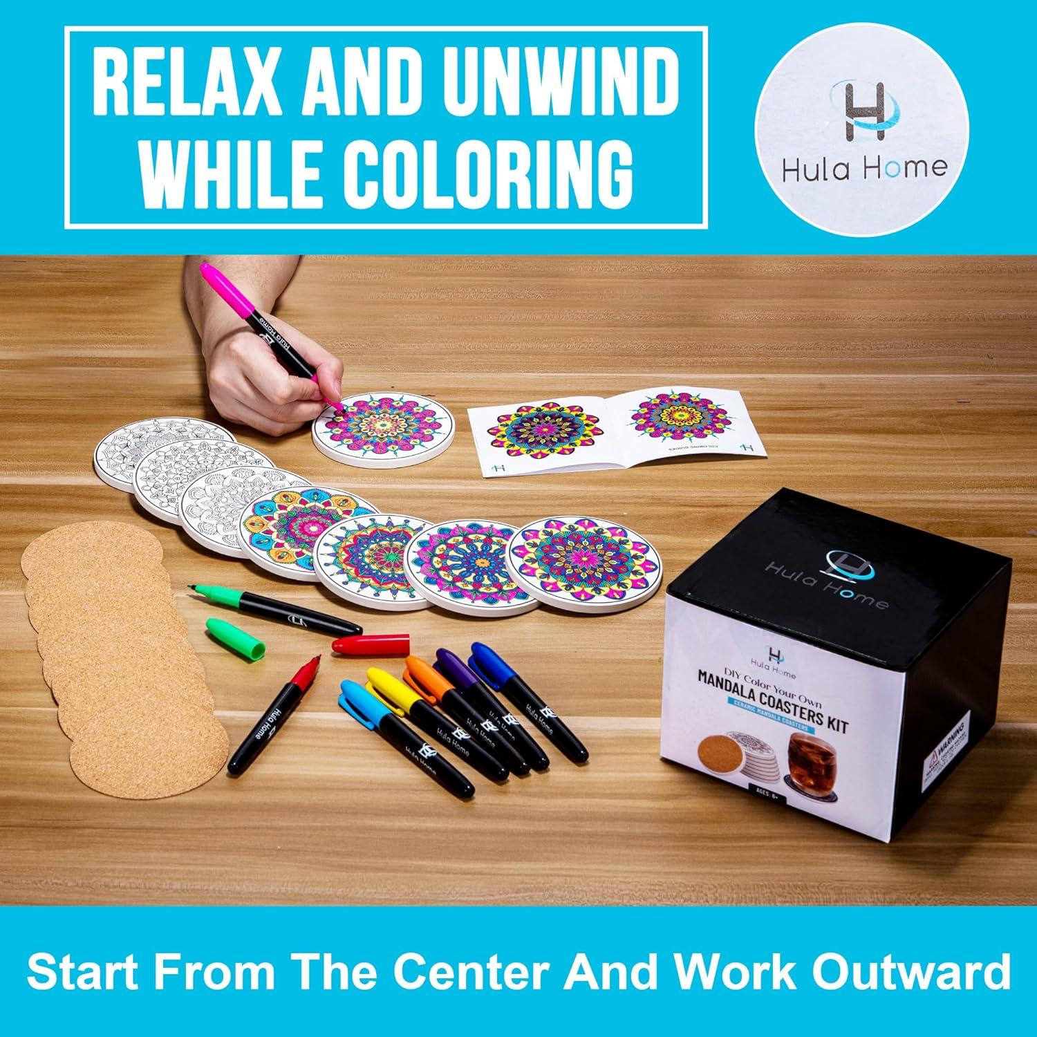 Kit de Posavasos Mandalas DIY Hula Home - 8 Cerámicos con Marcadores
