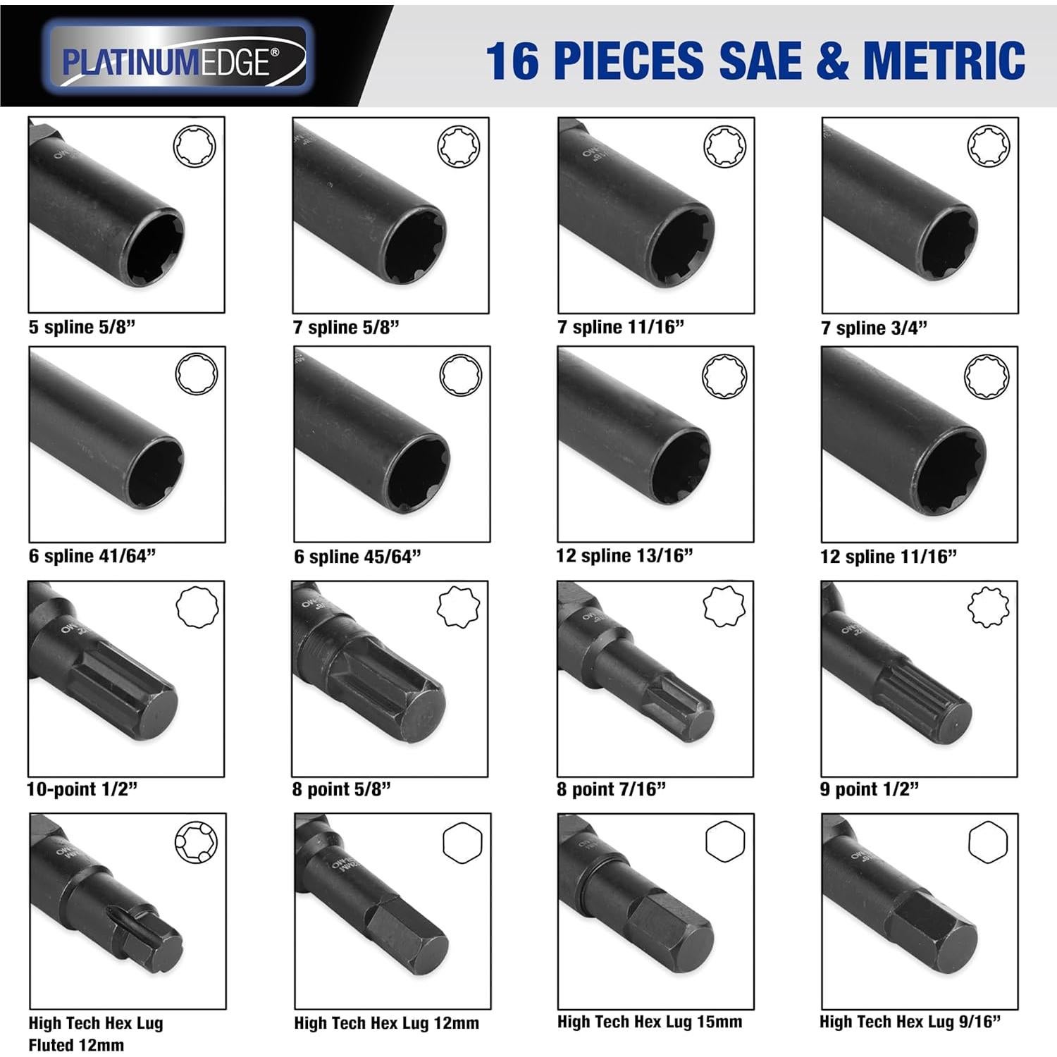 Juego de Llaves para Tuercas de Rueda PlatinumEdge 16 Piezas