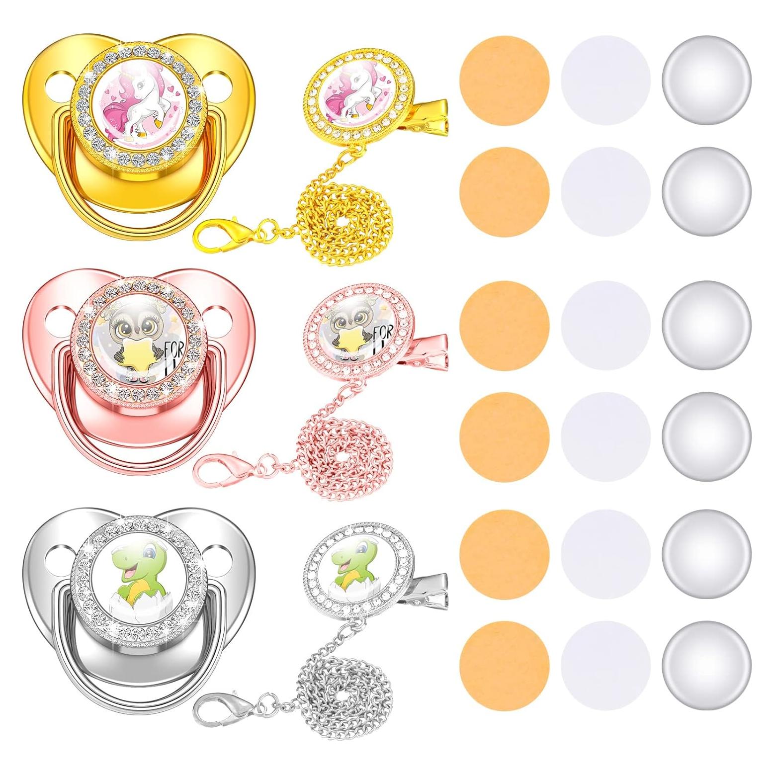 Juego de 3 Chupetes Personalizados con Clip Brillante - Silicona