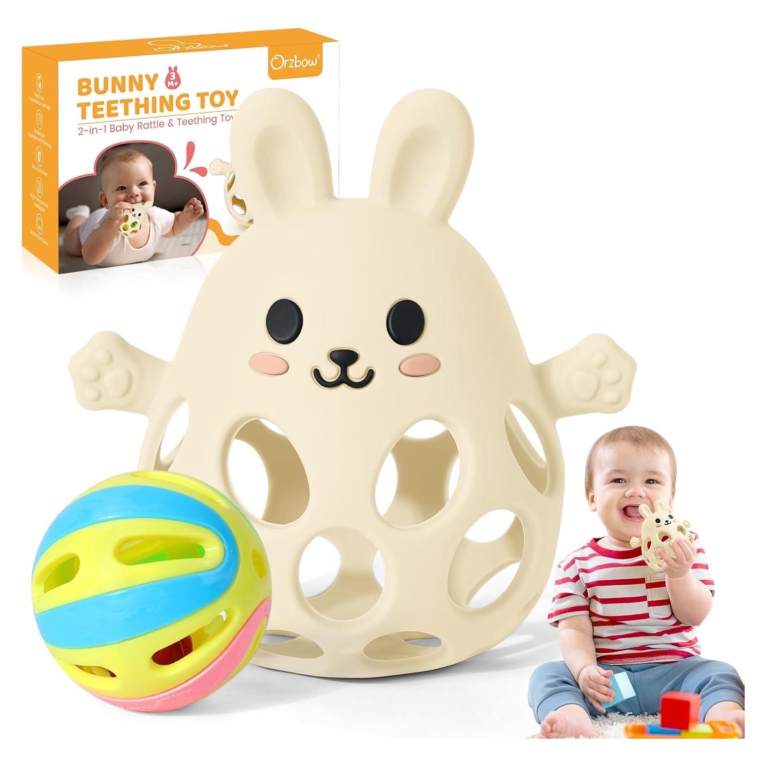 Juguete de Dentición Orzbow Crema 2 en 1 Sonajero y Mordedor