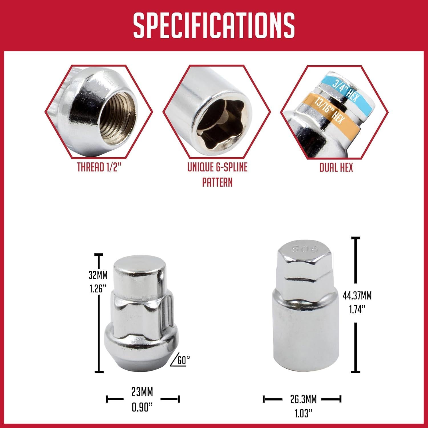 Tuercas de Seguridad para Ruedas Acorn Cromo 1/2"-20 Juego de 4