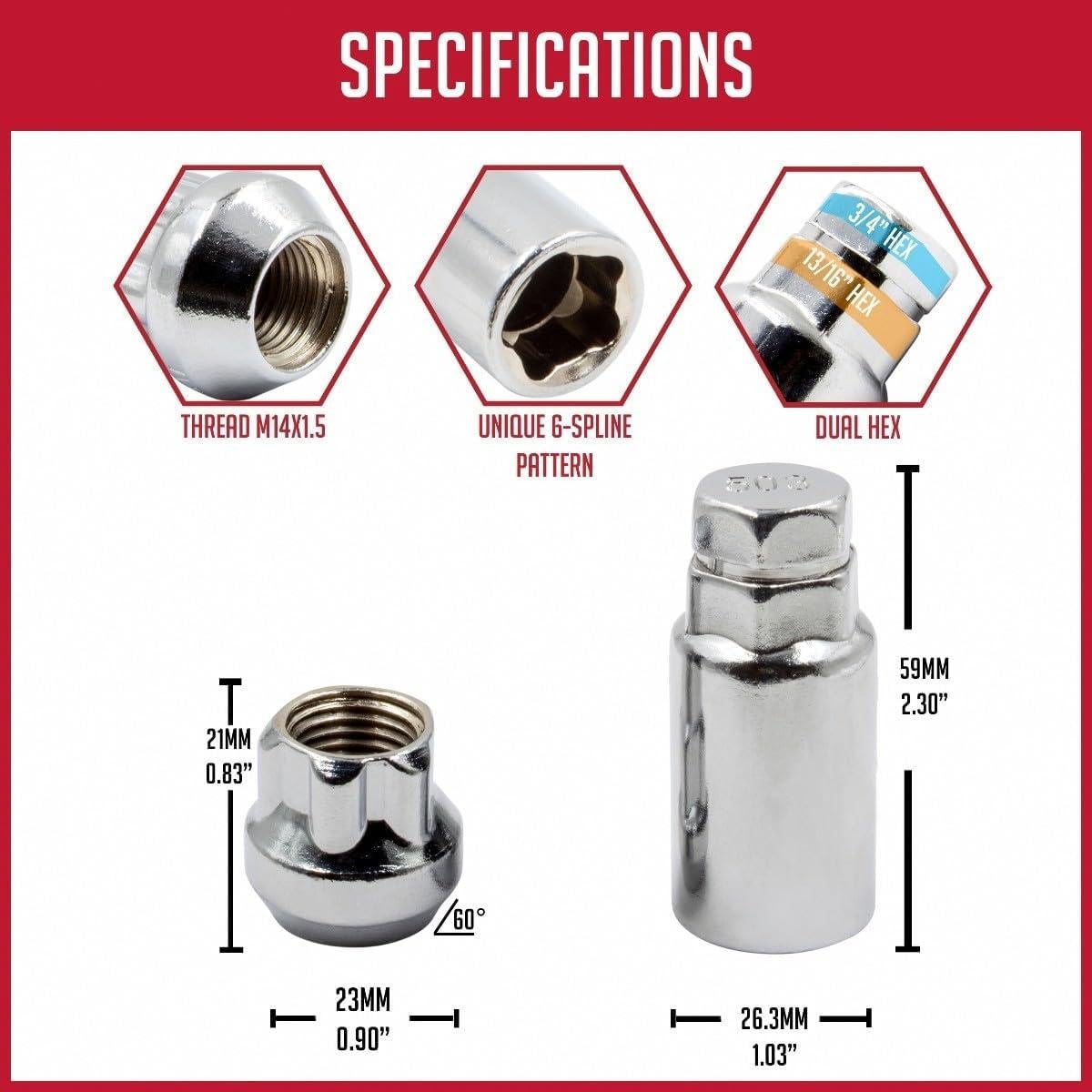 Cerraduras de Rueda M14x1.5 Cromadas 4 Piezas + Llave