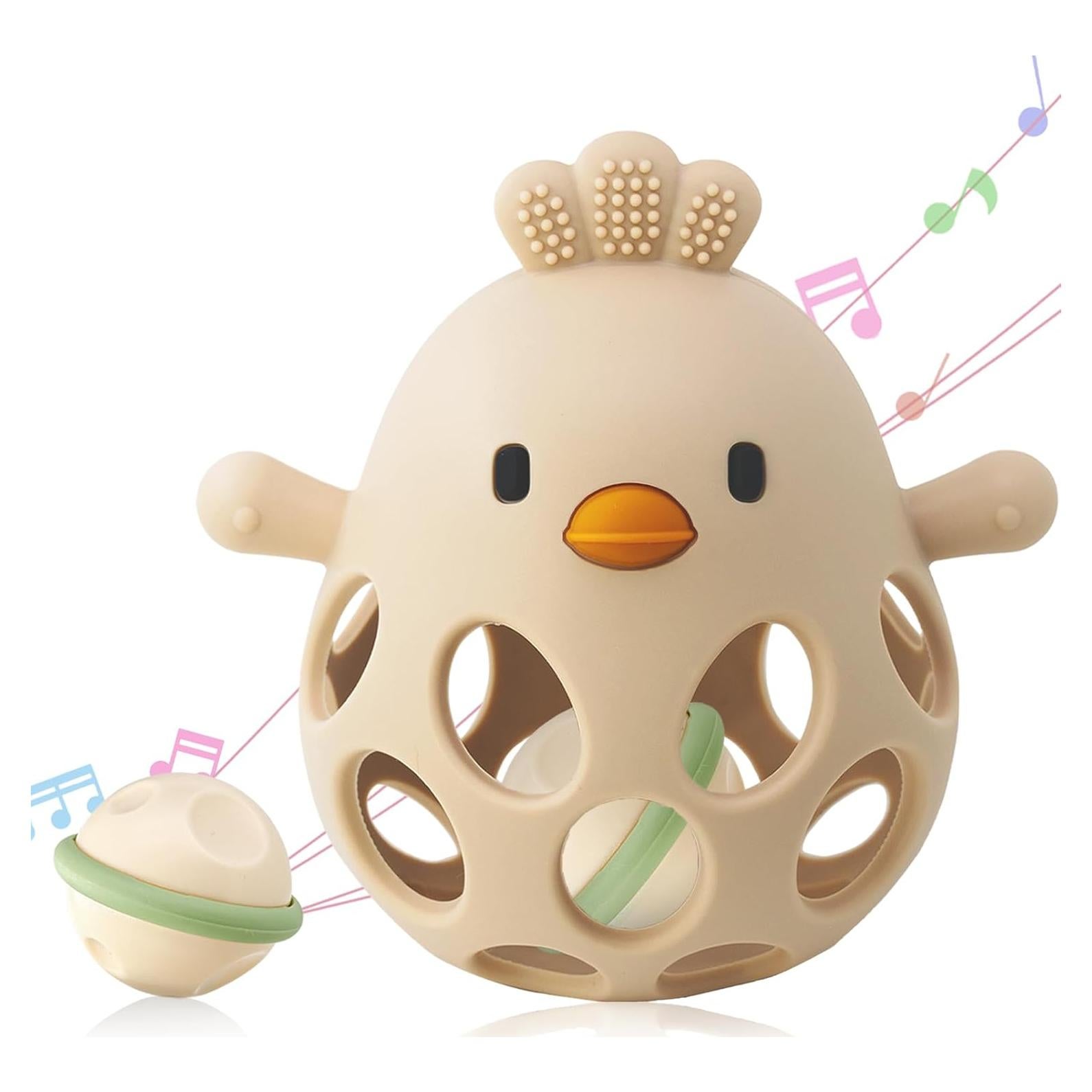 Mordedor y Sonajero 2-en-1 para Bebés Beige - Silicona BPA Free