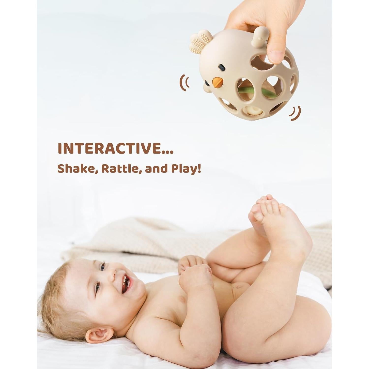 Mordedor y Sonajero 2-en-1 para Bebés Beige - Silicona BPA Free