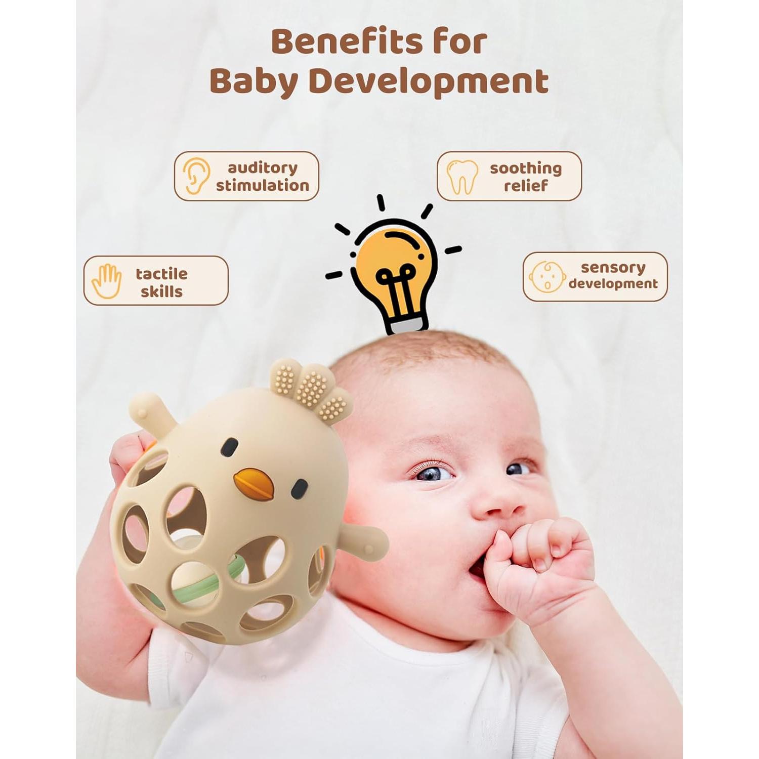 Mordedor y Sonajero 2-en-1 para Bebés Beige - Silicona BPA Free