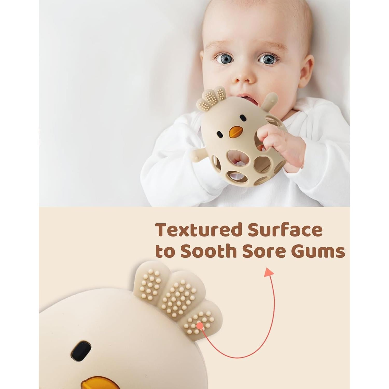 Mordedor y Sonajero 2-en-1 para Bebés Beige - Silicona BPA Free