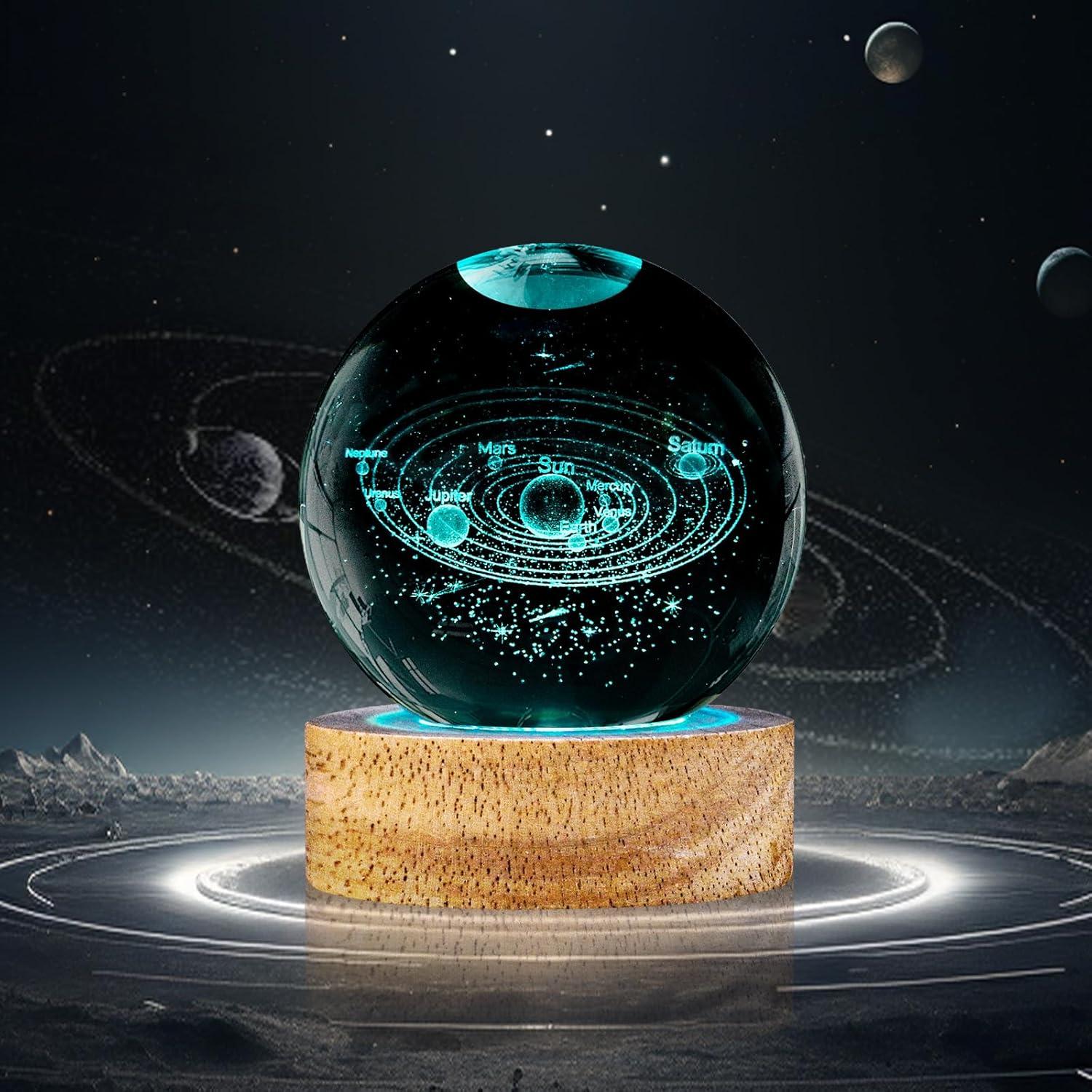 Luz Nocturna 3D Cristal K9 Sistema Solar 60mm con Control Remoto