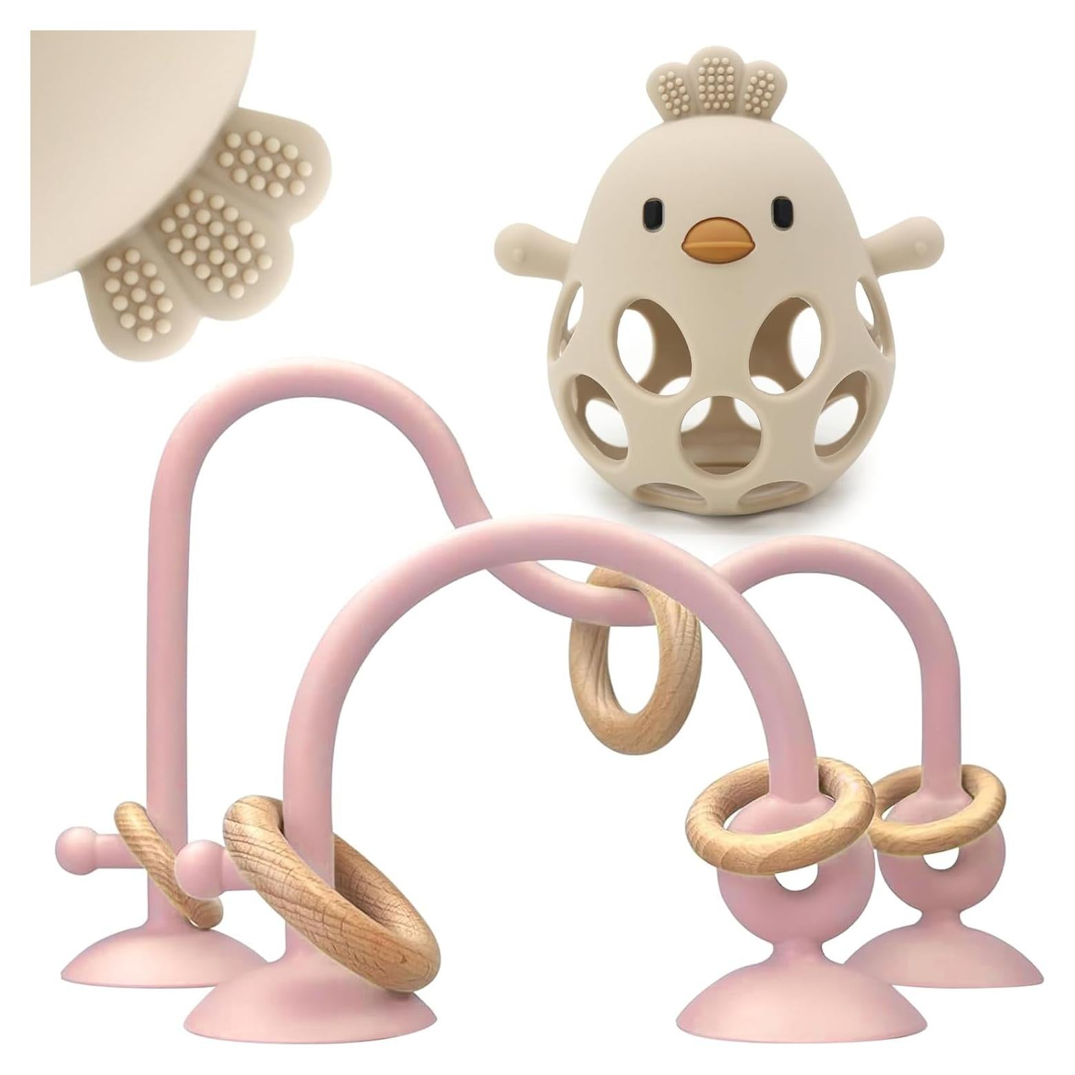 Juguetes para Silla Alta Bebés Succión Silicona Rosa Beige