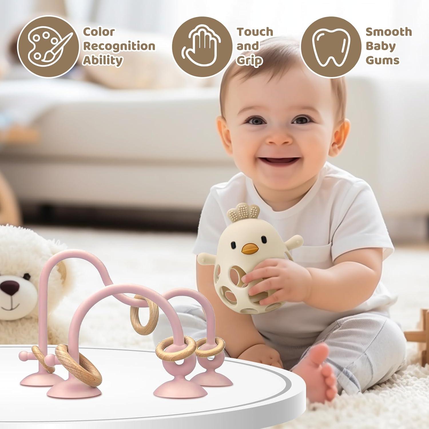 Juguetes para Silla Alta Bebés Succión Silicona Rosa Beige