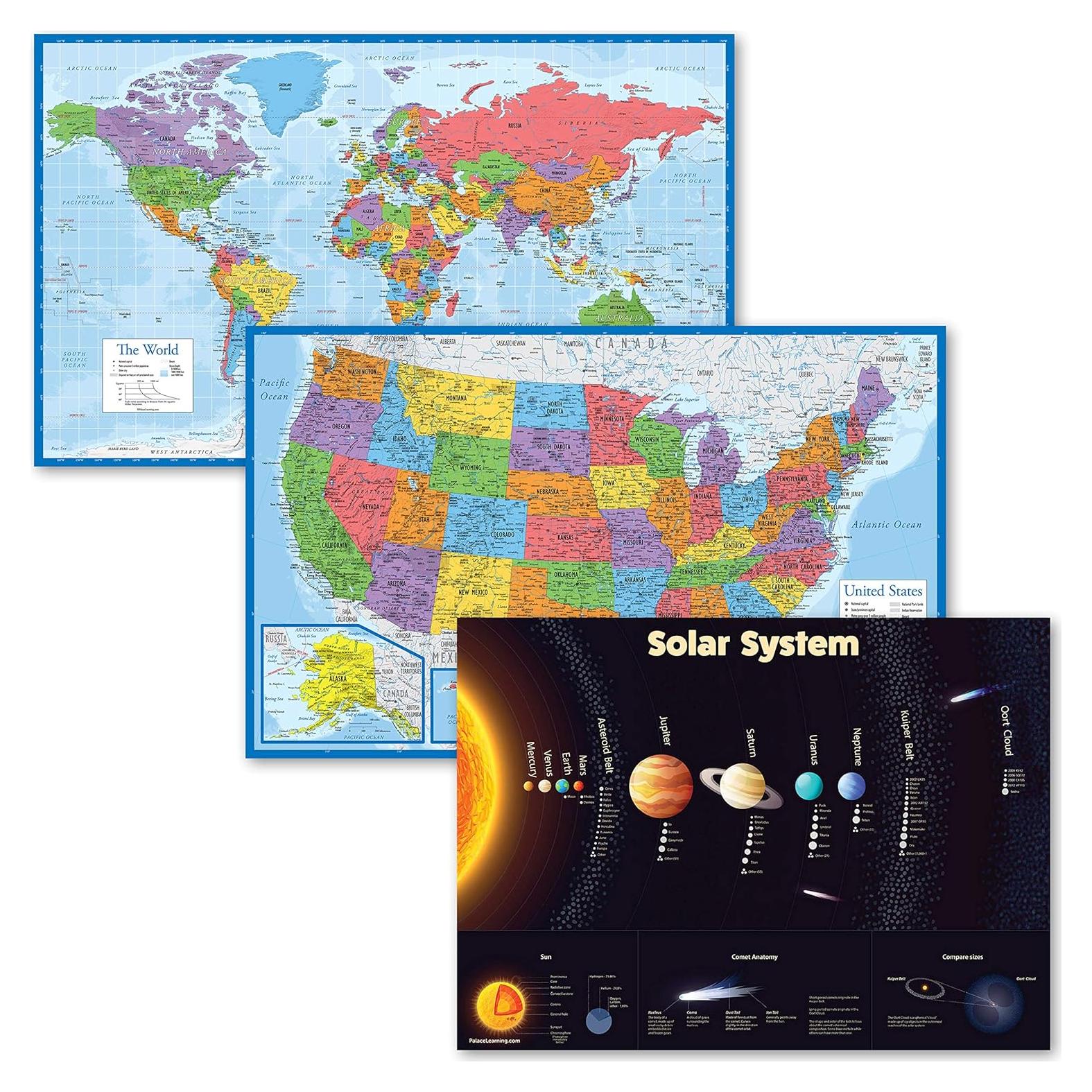Juego de 3 Pósters Laminados Mapas y Sistema Solar Palace Learning