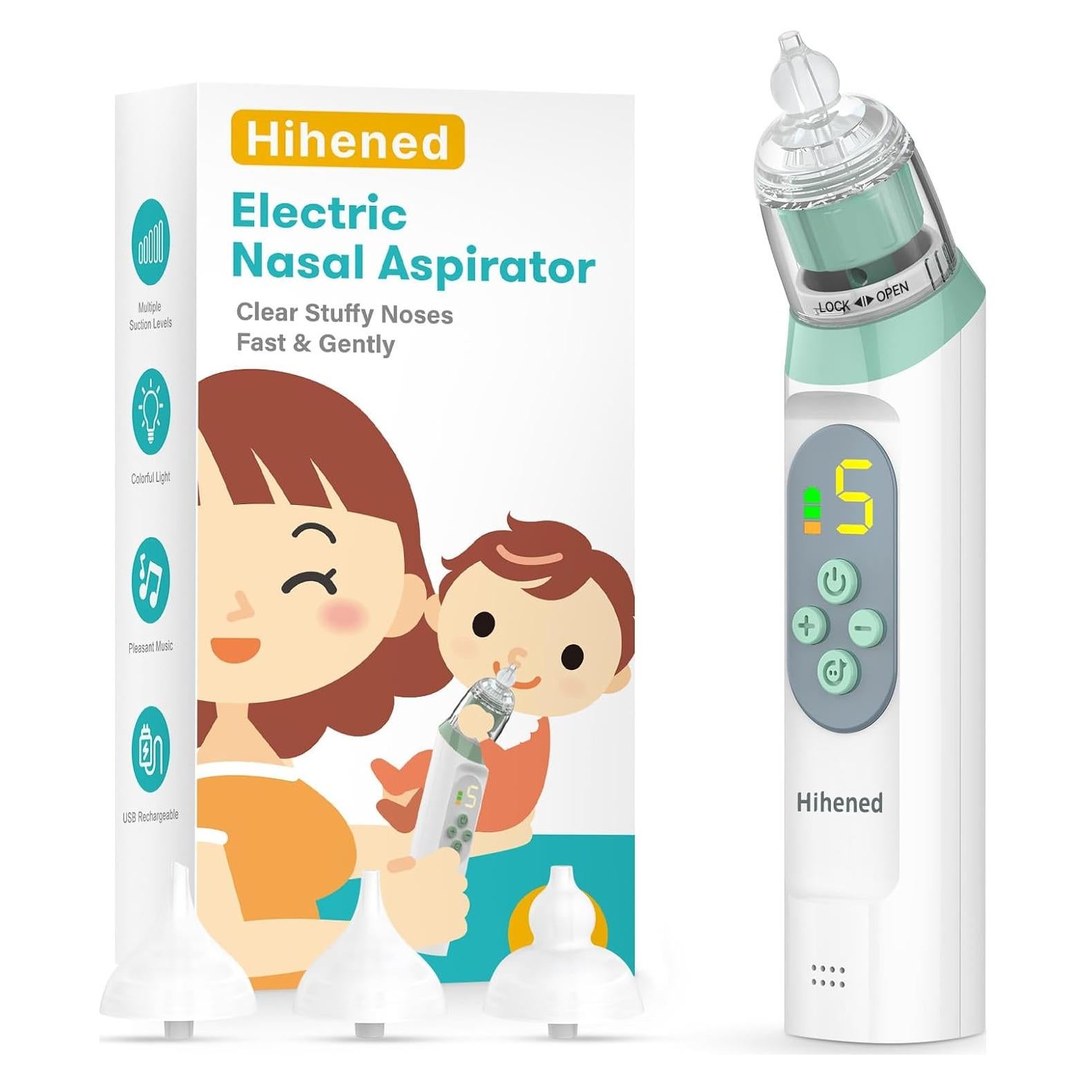 Aspirador Nasal Eléctrico Hihened Verde con 3 Puntas Silicona