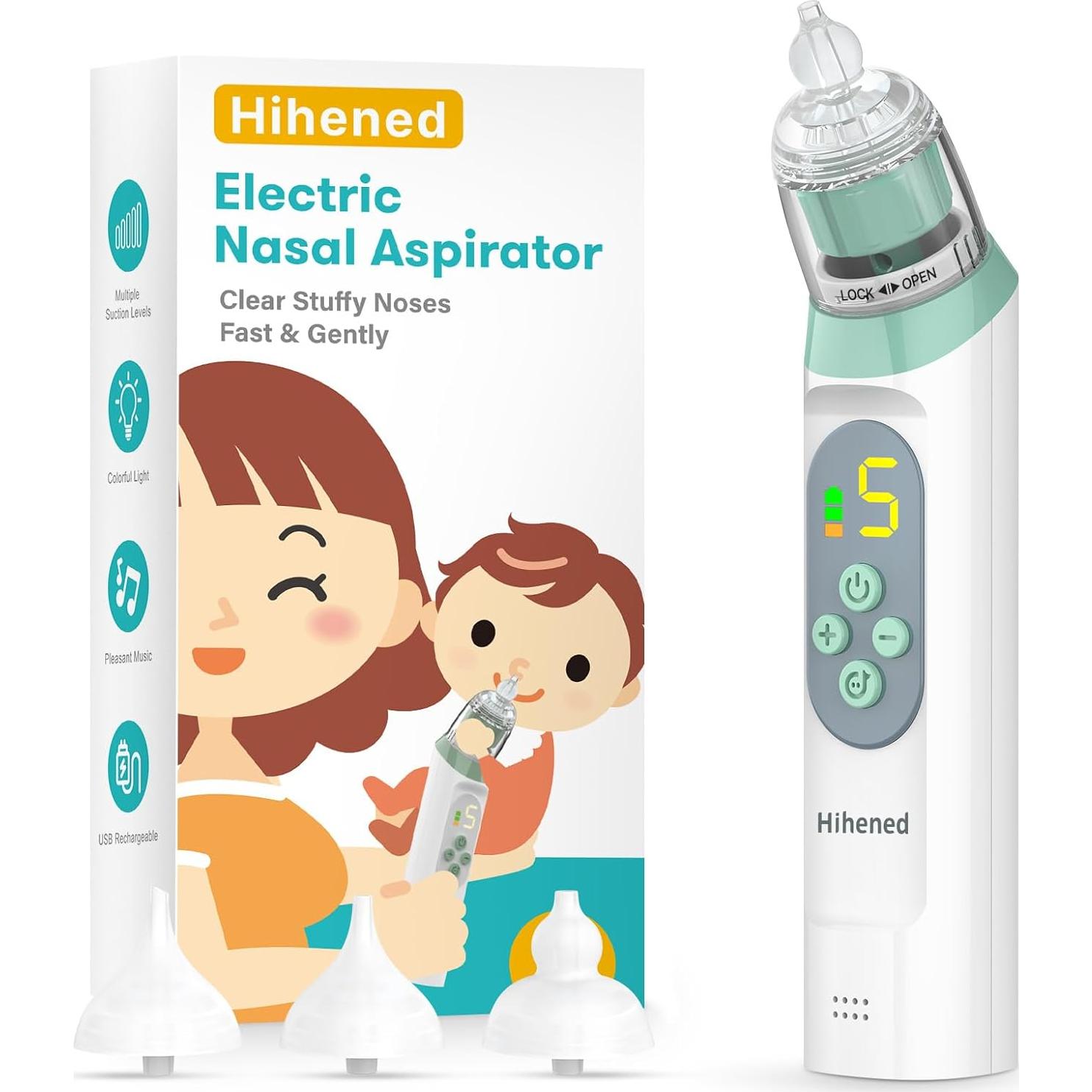 Aspirador Nasal Eléctrico Hihened Verde con 3 Puntas Silicona