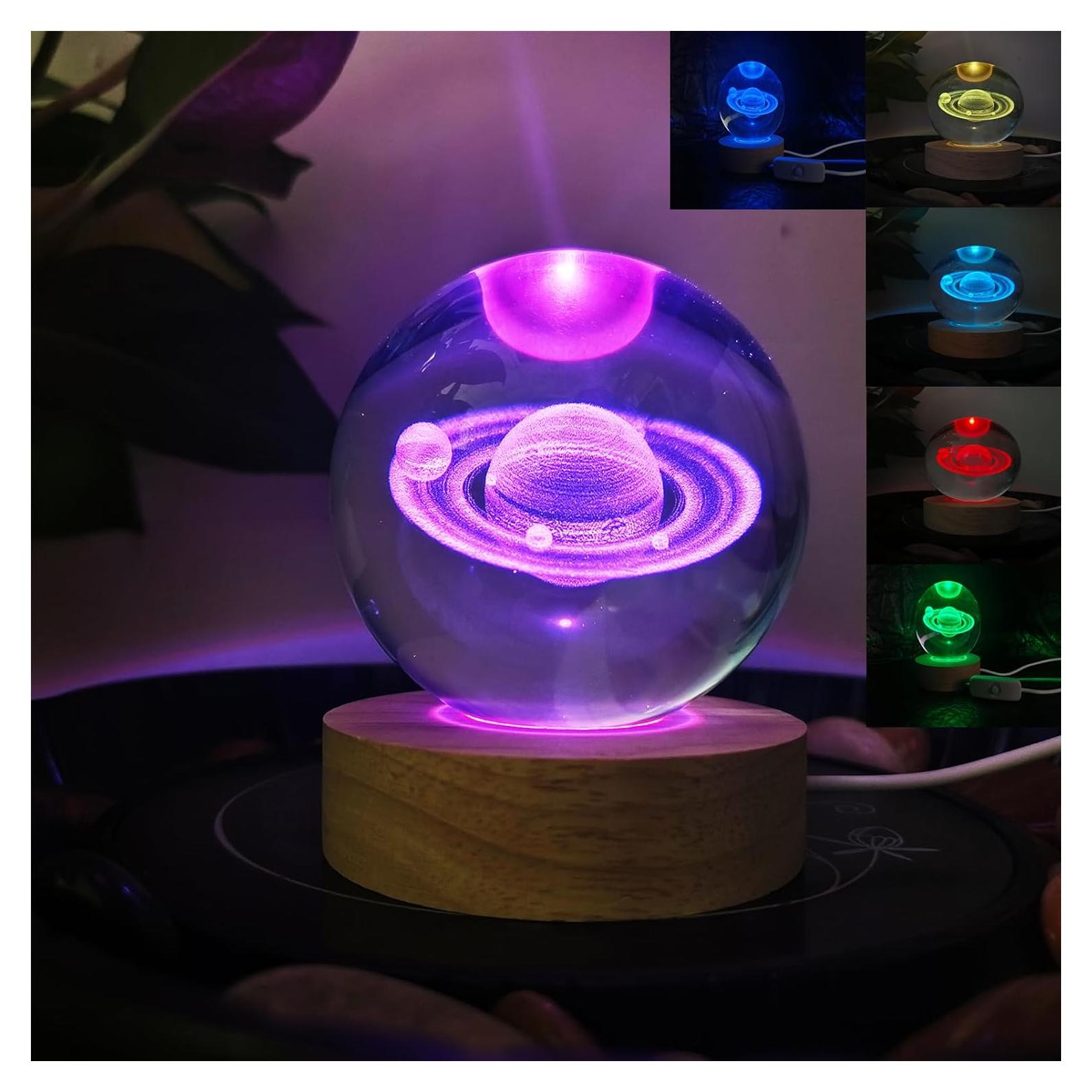 Bola de Cristal Saturno 80mm con Base LED Multicolor KAZETEC