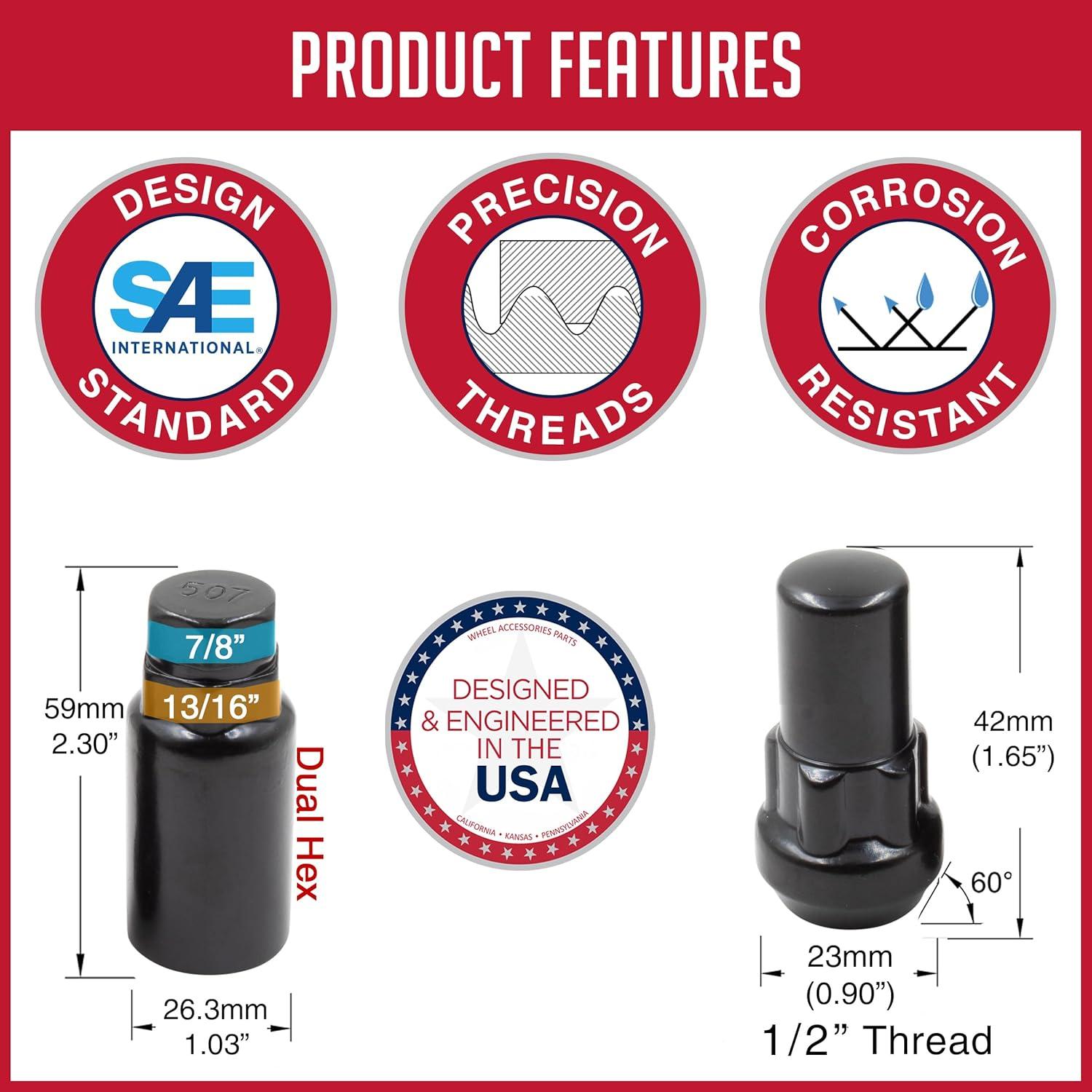 5 Cerraduras de Rueda Acorn Negras 1/2" Rosca para Jeep