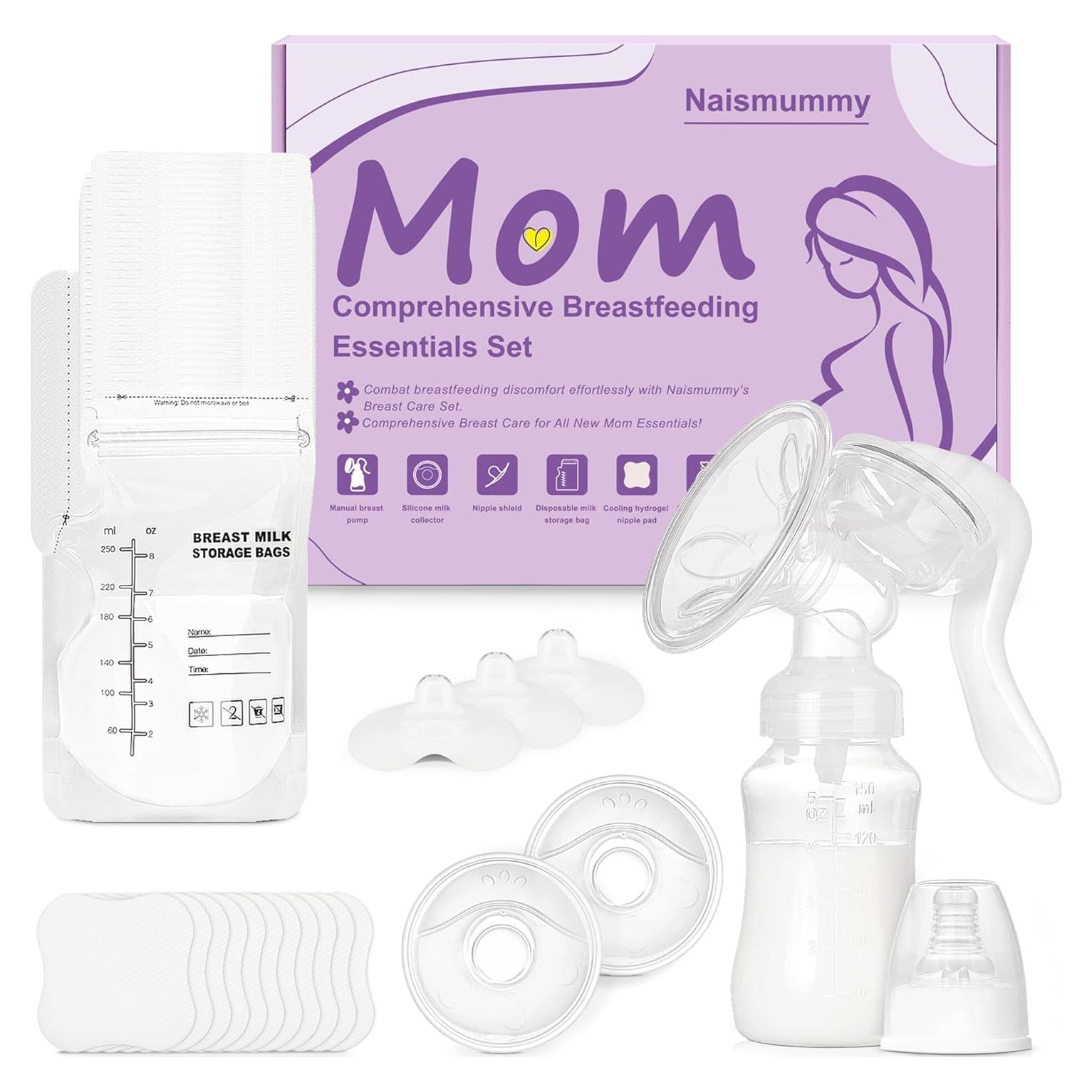 Kit de Lactancia Esenciales NAISMUMMY - Extractor Manual, Protectores, 30 Bolsas