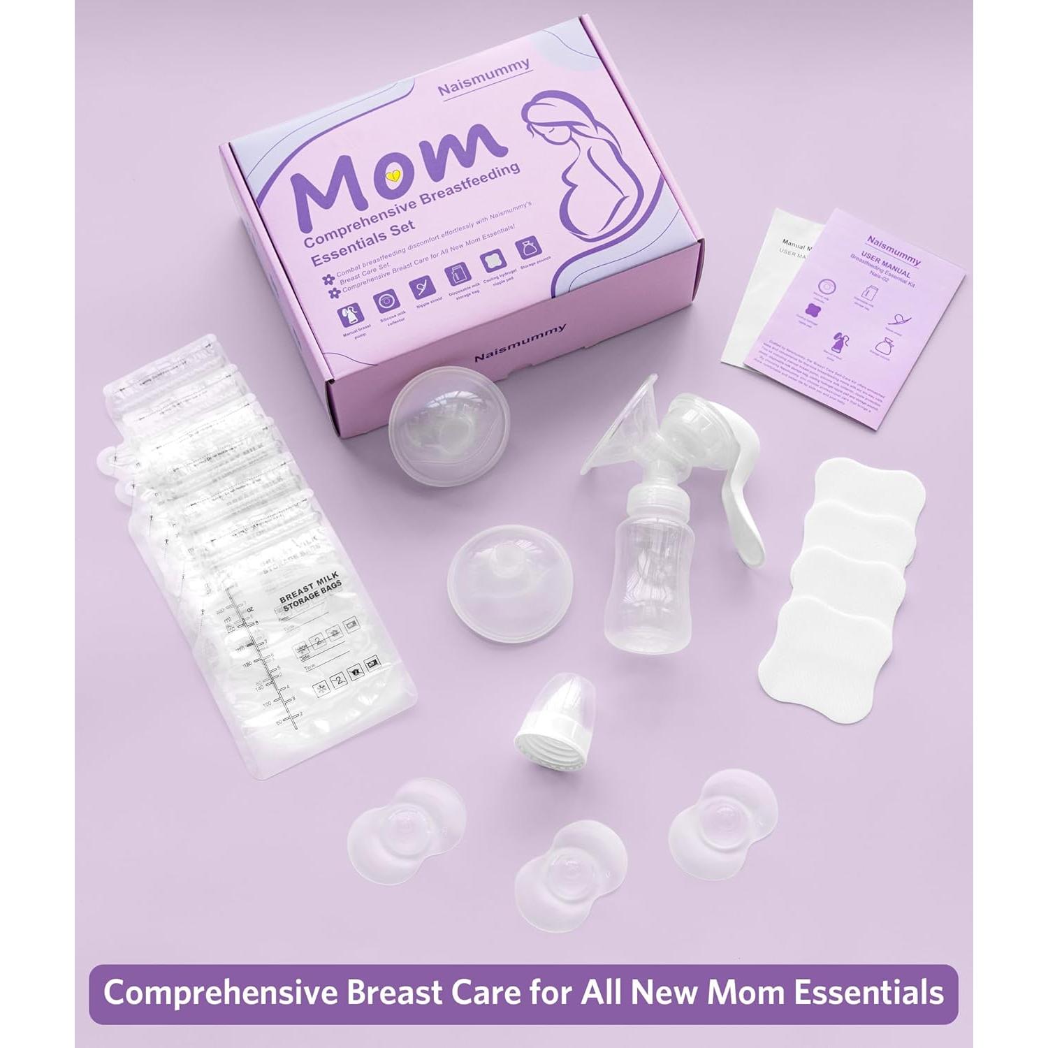 Kit de Lactancia Esenciales NAISMUMMY - Extractor Manual, Protectores, 30 Bolsas