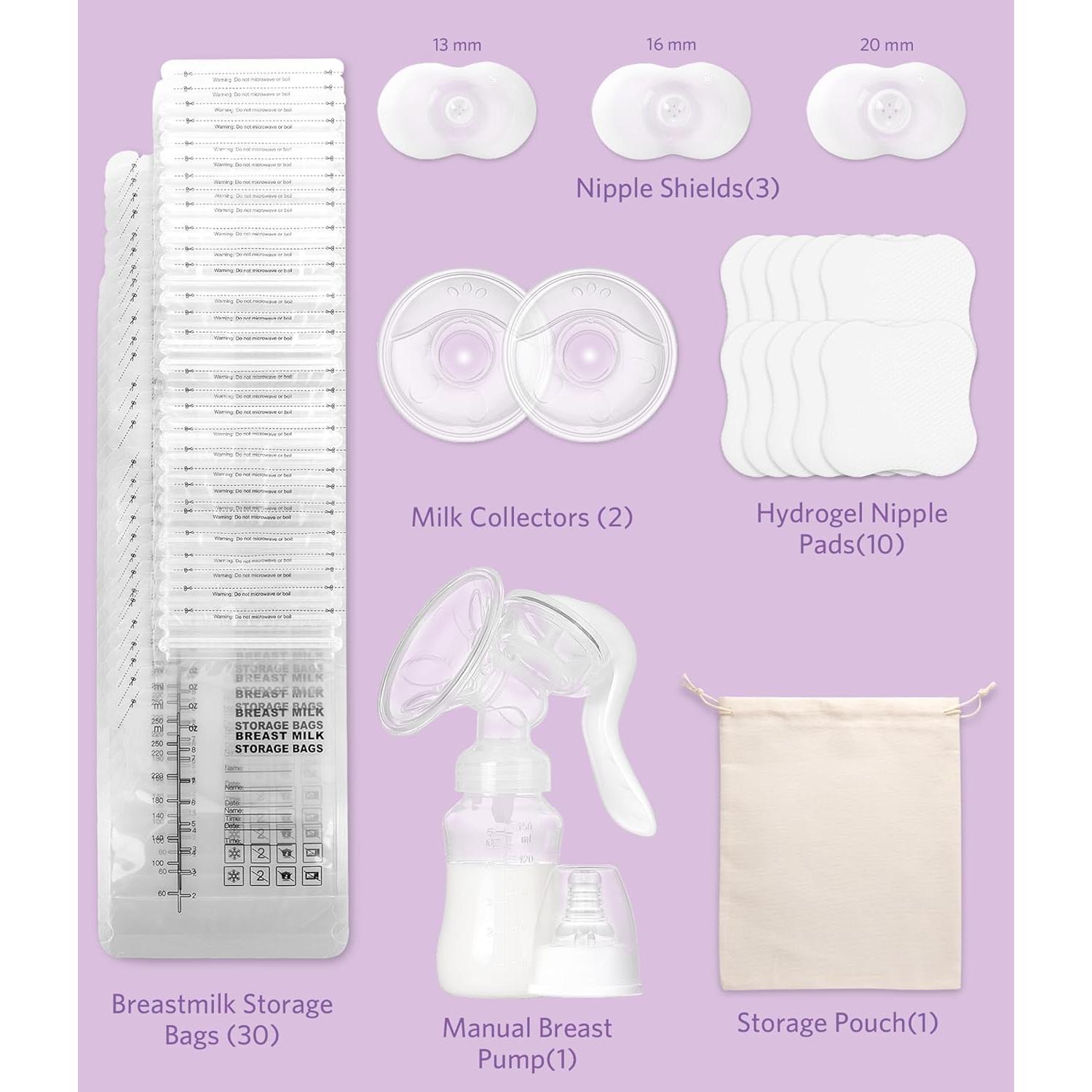 Kit de Lactancia Esenciales NAISMUMMY - Extractor Manual, Protectores, 30 Bolsas