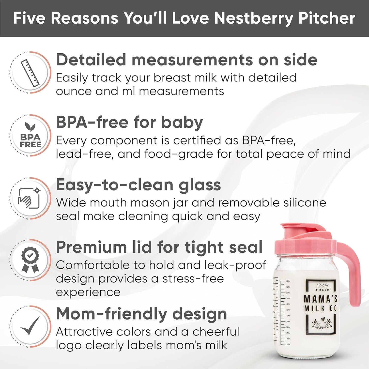 Jarra para Leche Materna Nestberry 0.91L con Tapa a Prueba de Fugas