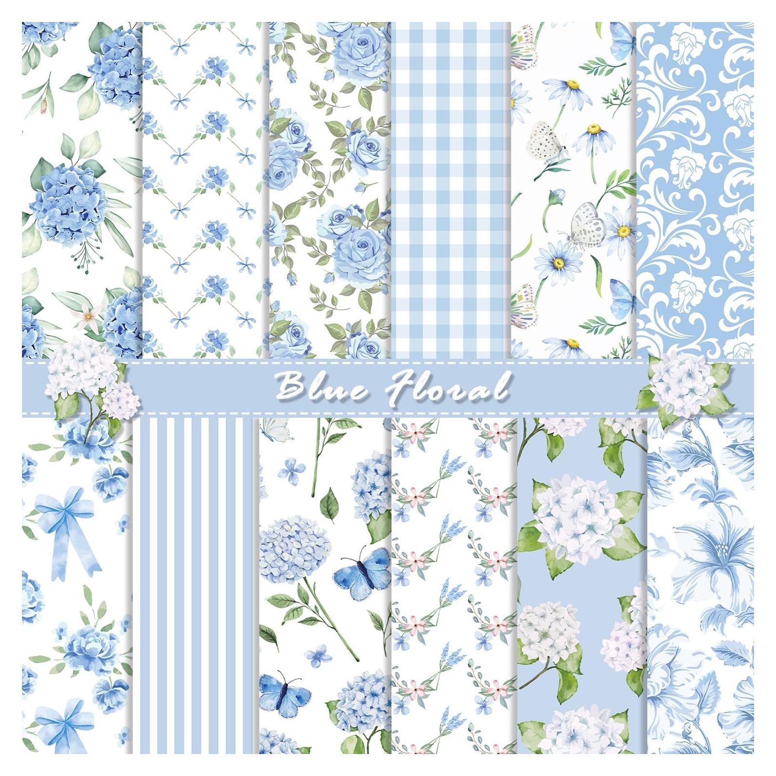 24 Hojas Papel Patrón Floral Azul Sorkwo 30.48x30.48cm