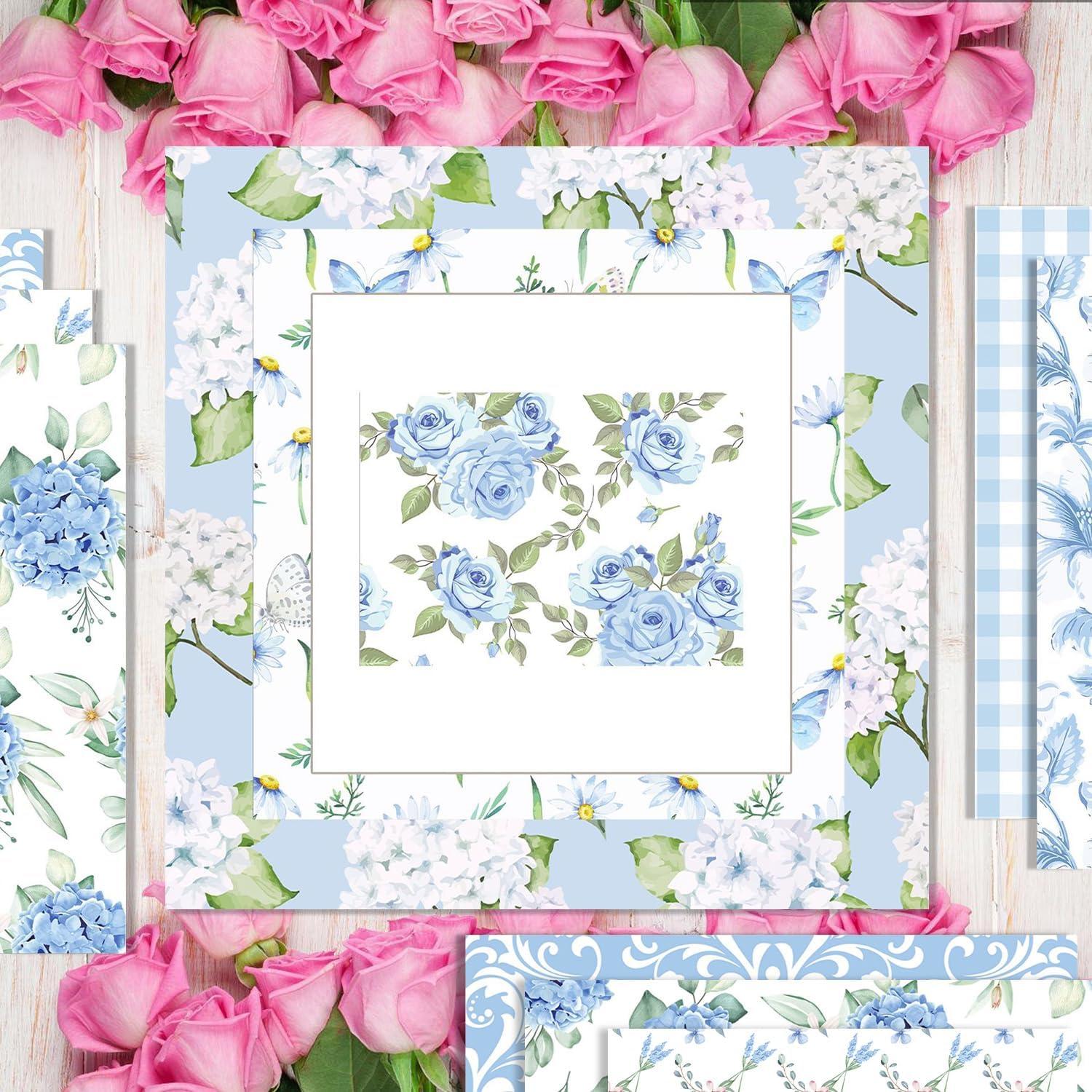 24 Hojas Papel Patrón Floral Azul Sorkwo 30.48x30.48cm