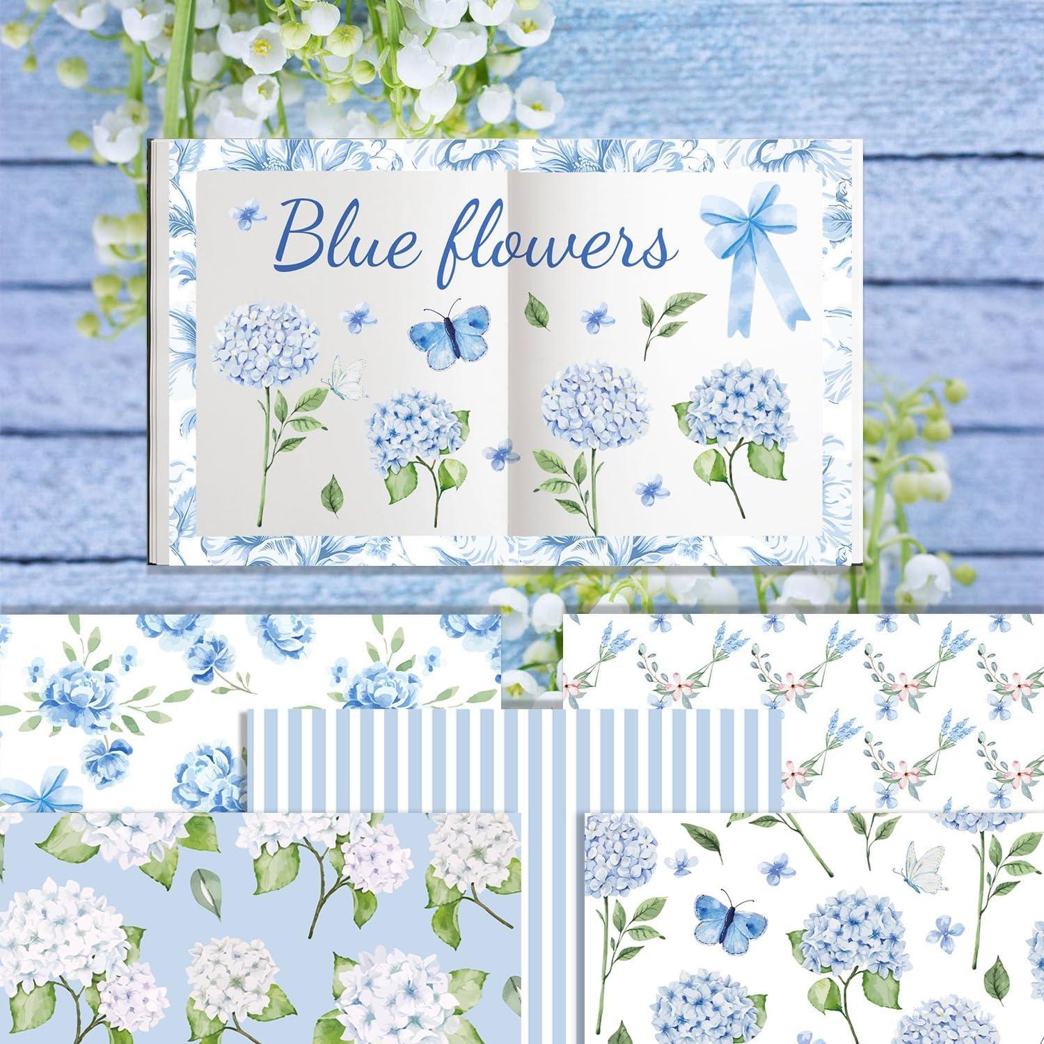 24 Hojas Papel Patrón Floral Azul Sorkwo 30.48x30.48cm