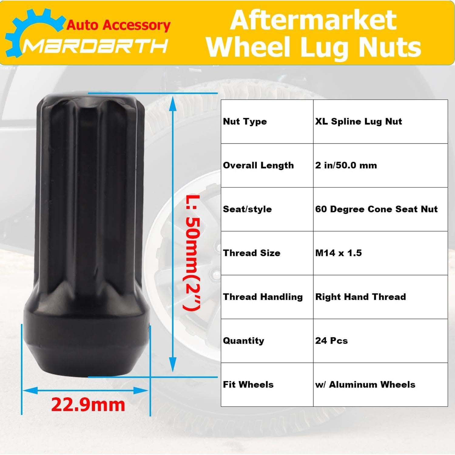 Juego de 24 Tuercas de Rueda Mardarth 14mmx1.5 7 Spline Negro