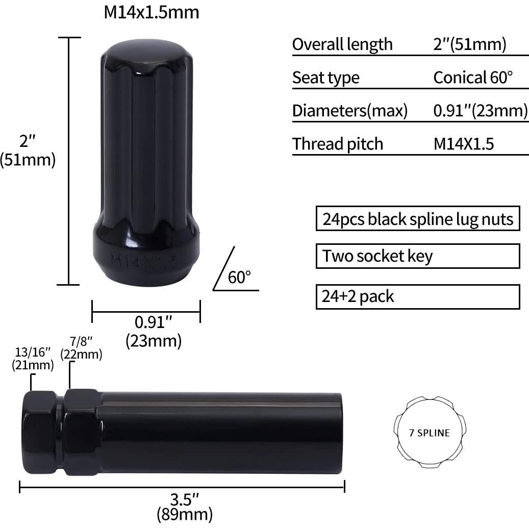 Tuercas de Llantas Acorn ChnewAuto M14x1.5 Negras 51mm - 24 pcs