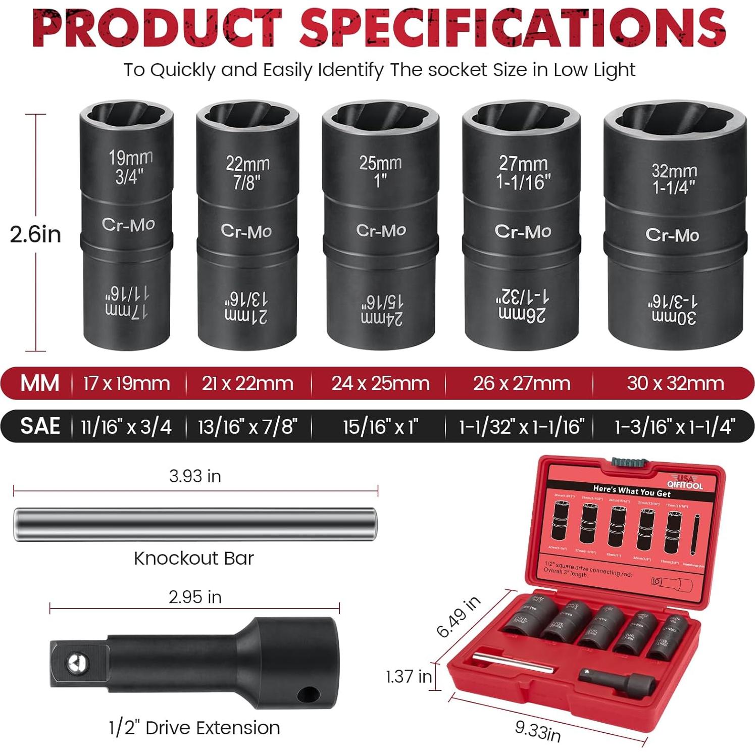 Juego de 7 Piezas Extractor de Tuercas QIFITOOL - Acero Cr-Mo