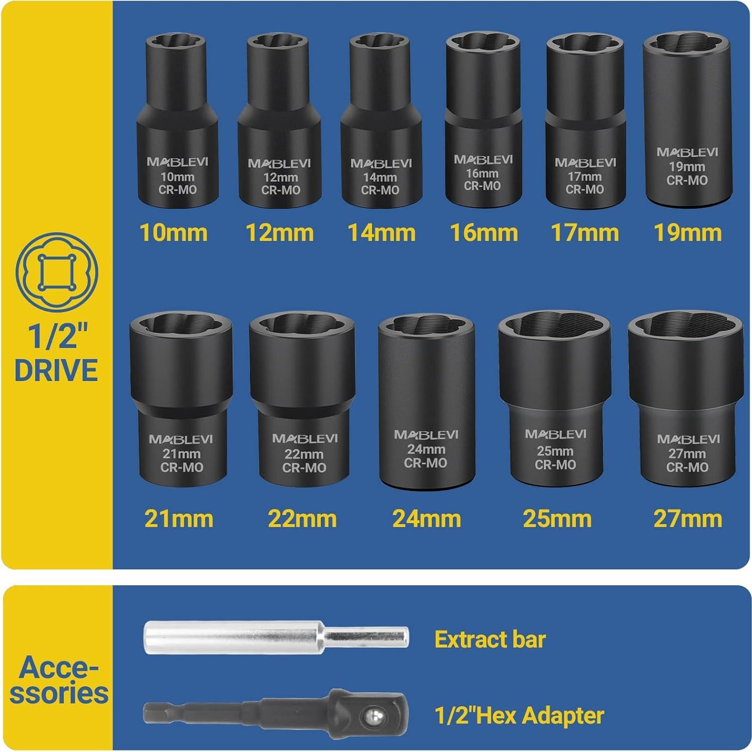 Juego de 13 Extractores de Tornillos MABLEVI - Acero de Cromo Molibdeno