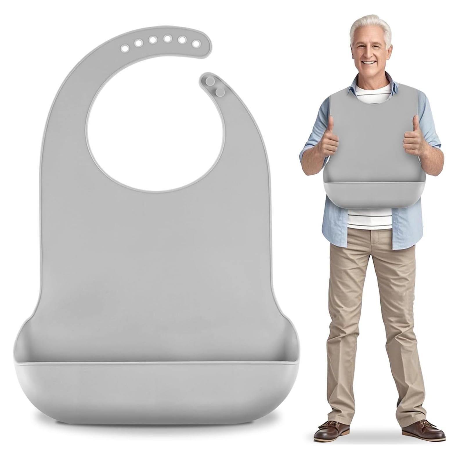 Babero de Silicona Ajustable TAMAÑO GRANDE Gris para Adultos