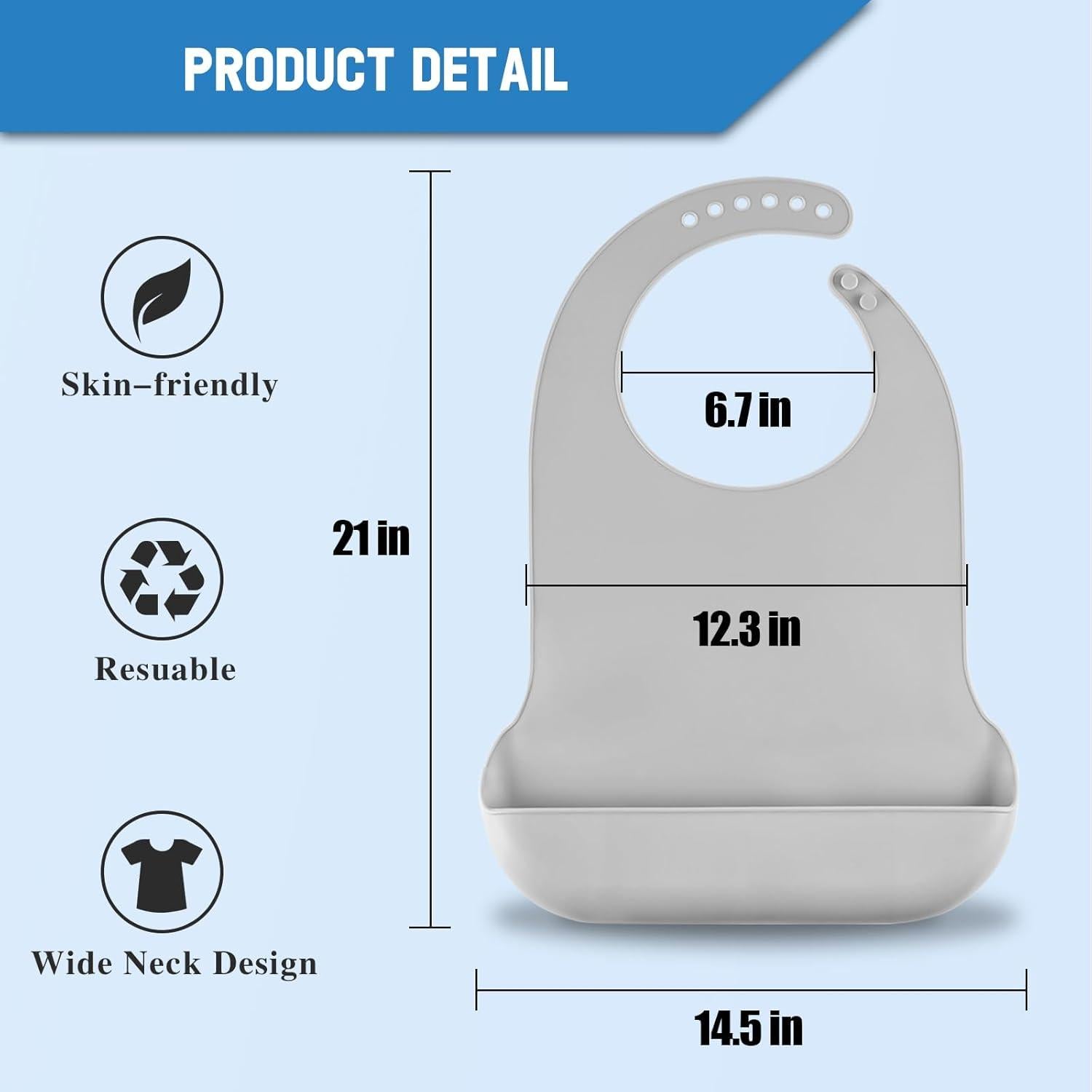 Babero de Silicona Ajustable TAMAÑO GRANDE Gris para Adultos