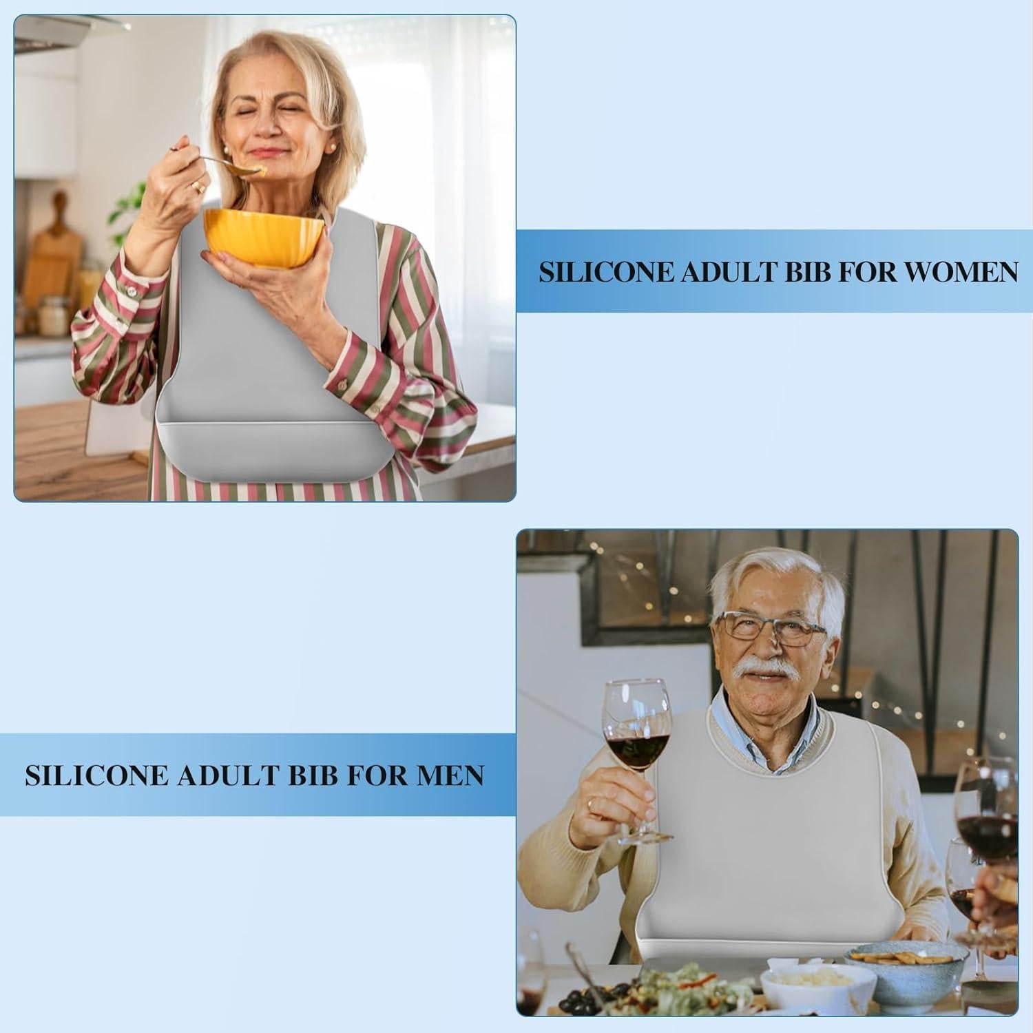 Babero de Silicona Ajustable TAMAÑO GRANDE Gris para Adultos