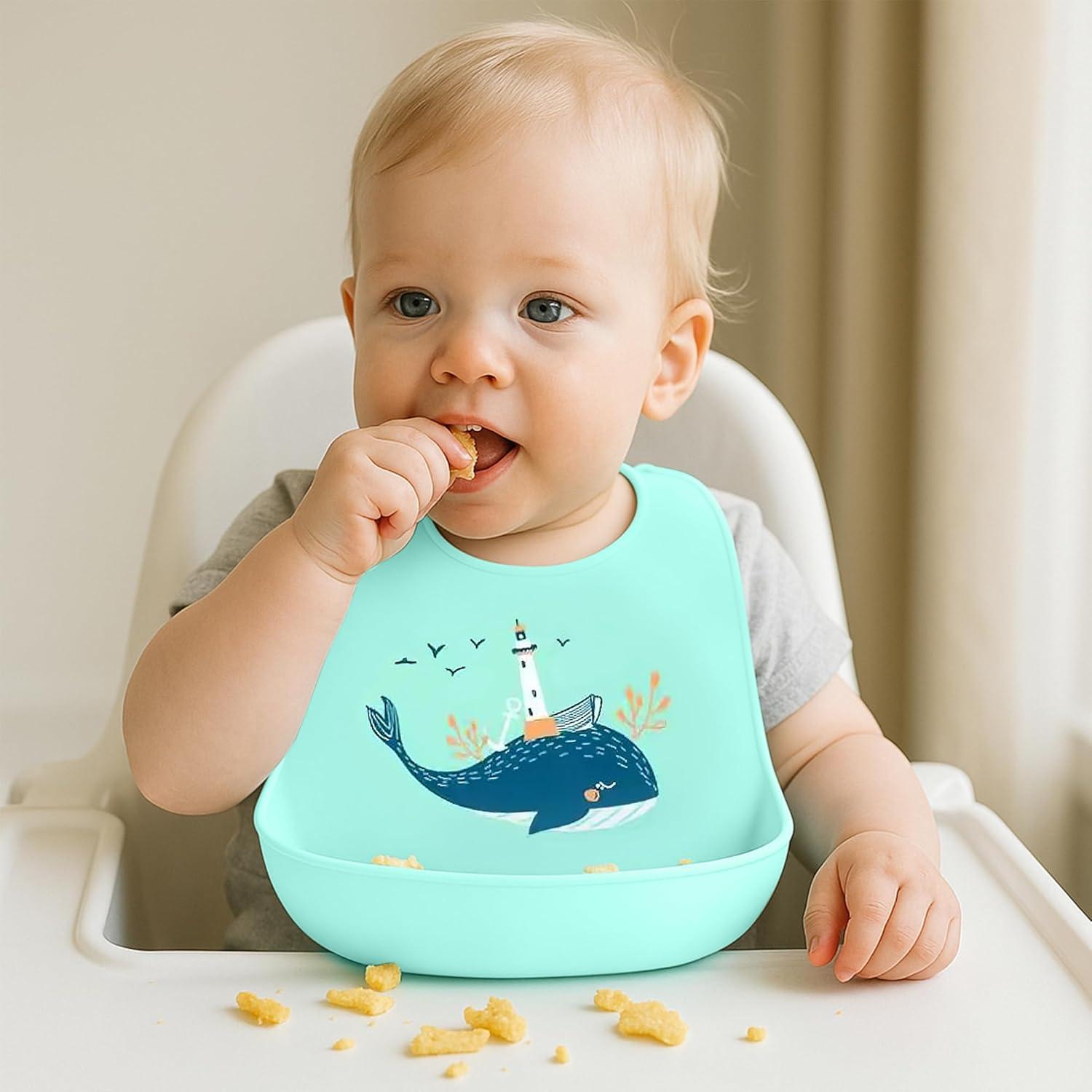 Babero de Silicona Azul Bebé - Impermeable, Ajustable y Sin BPA