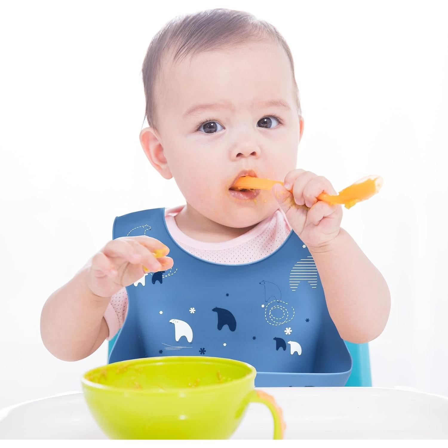 Babero de Silicona Impermeable para Bebés con Cubeta - Dorado