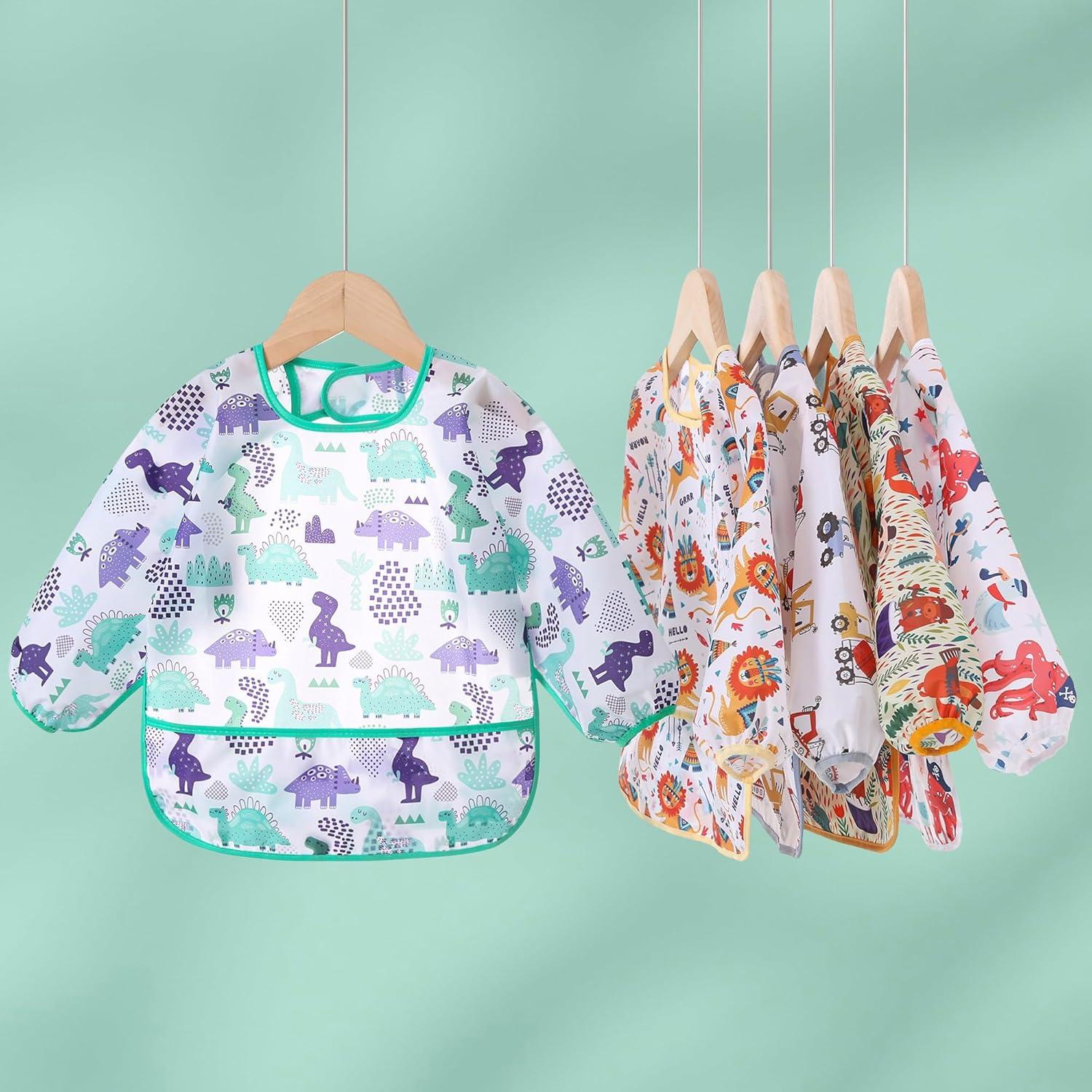 Baberos impermeables con mangas YeeLauf, paquete de 5 para bebés