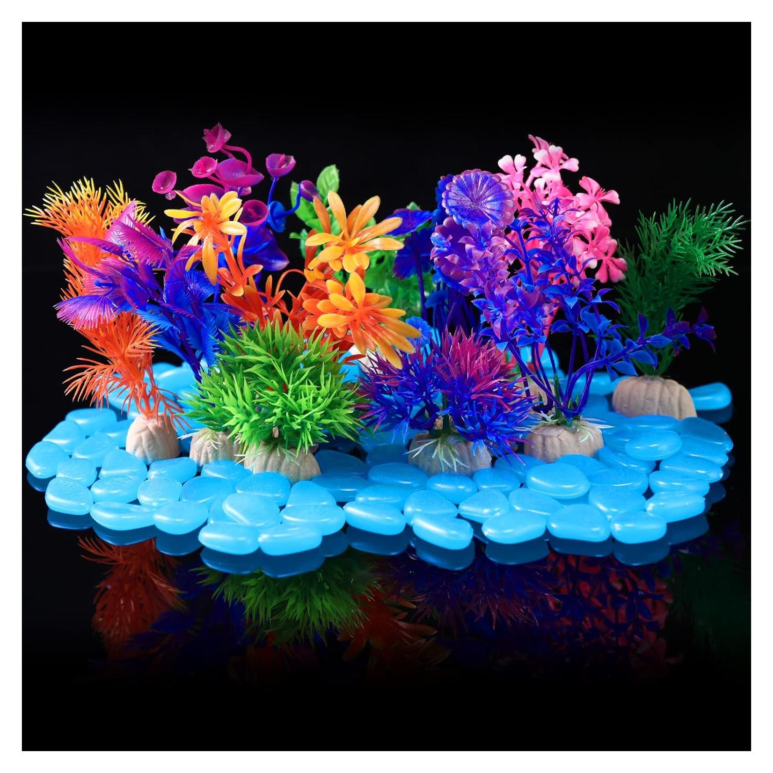 Jexine 100 Rocas Brillantes para Acuario + 10 Plantas Artificiales