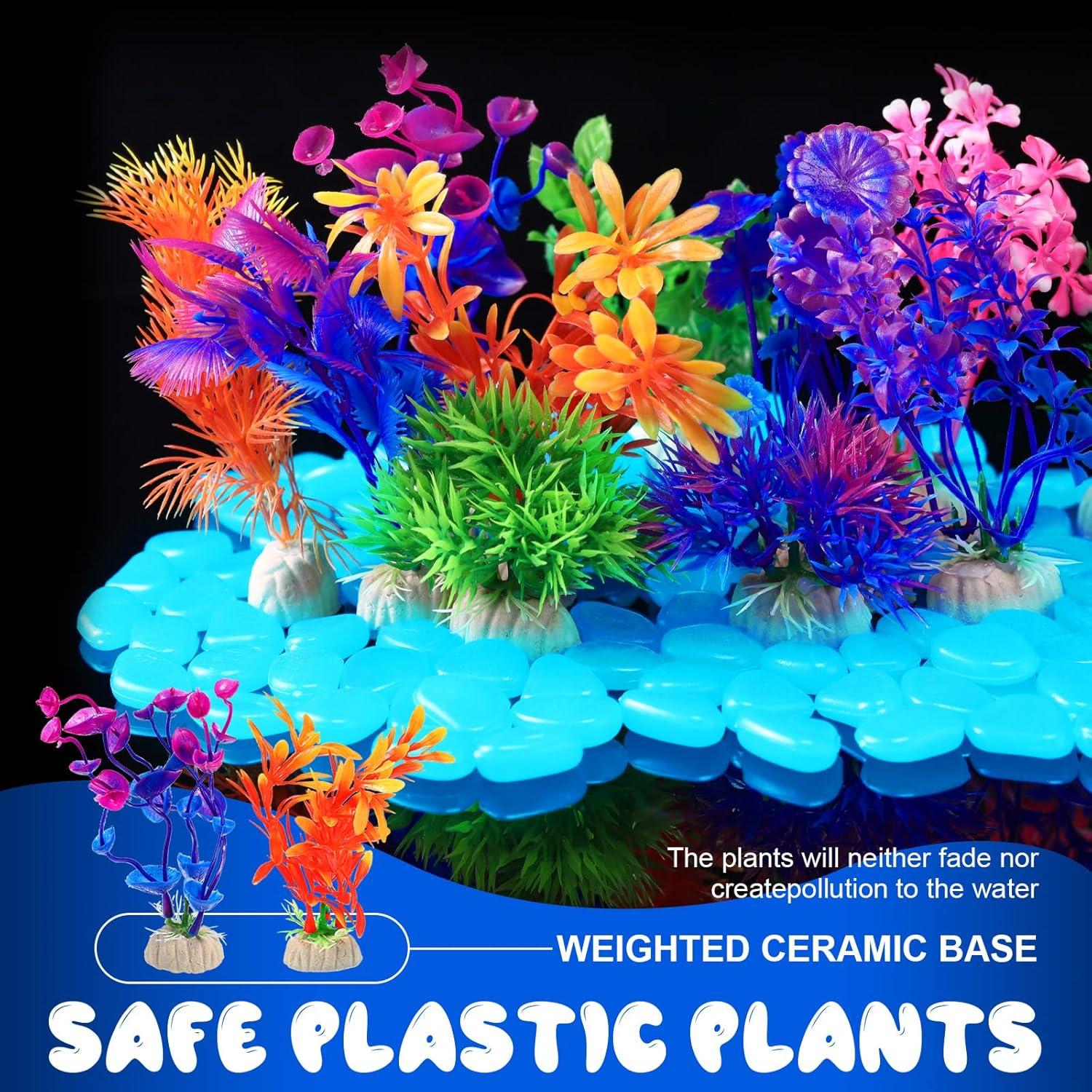 Jexine 100 Rocas Brillantes para Acuario + 10 Plantas Artificiales