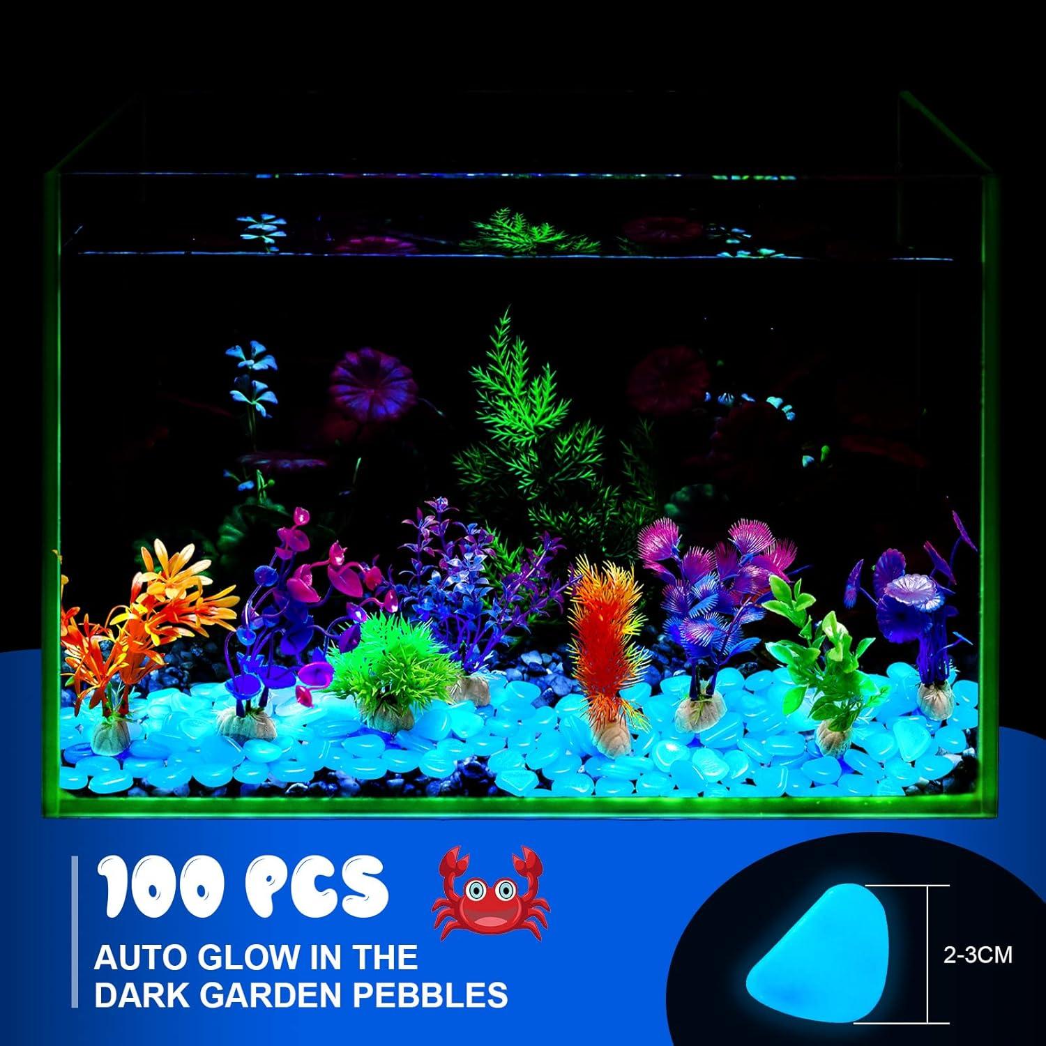 Jexine 100 Rocas Brillantes para Acuario + 10 Plantas Artificiales