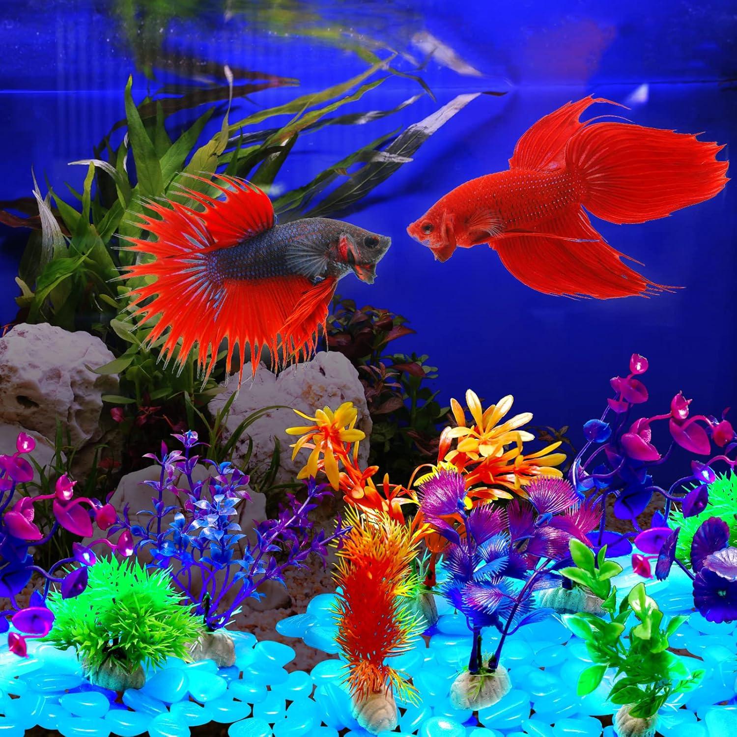 Jexine 100 Rocas Brillantes para Acuario + 10 Plantas Artificiales