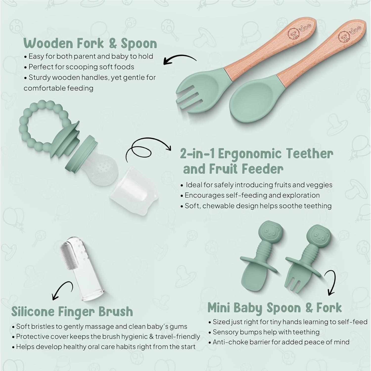 Juego de Alimentación O'doe 15 Piezas Silicona Bebé Verde