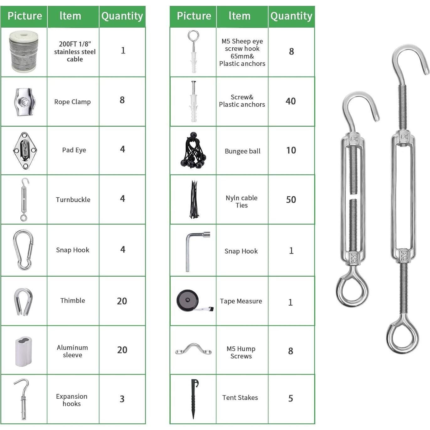 Kit de Cuerda de Alambre Unicaravan 1/8" 200FT Acero Inoxidable