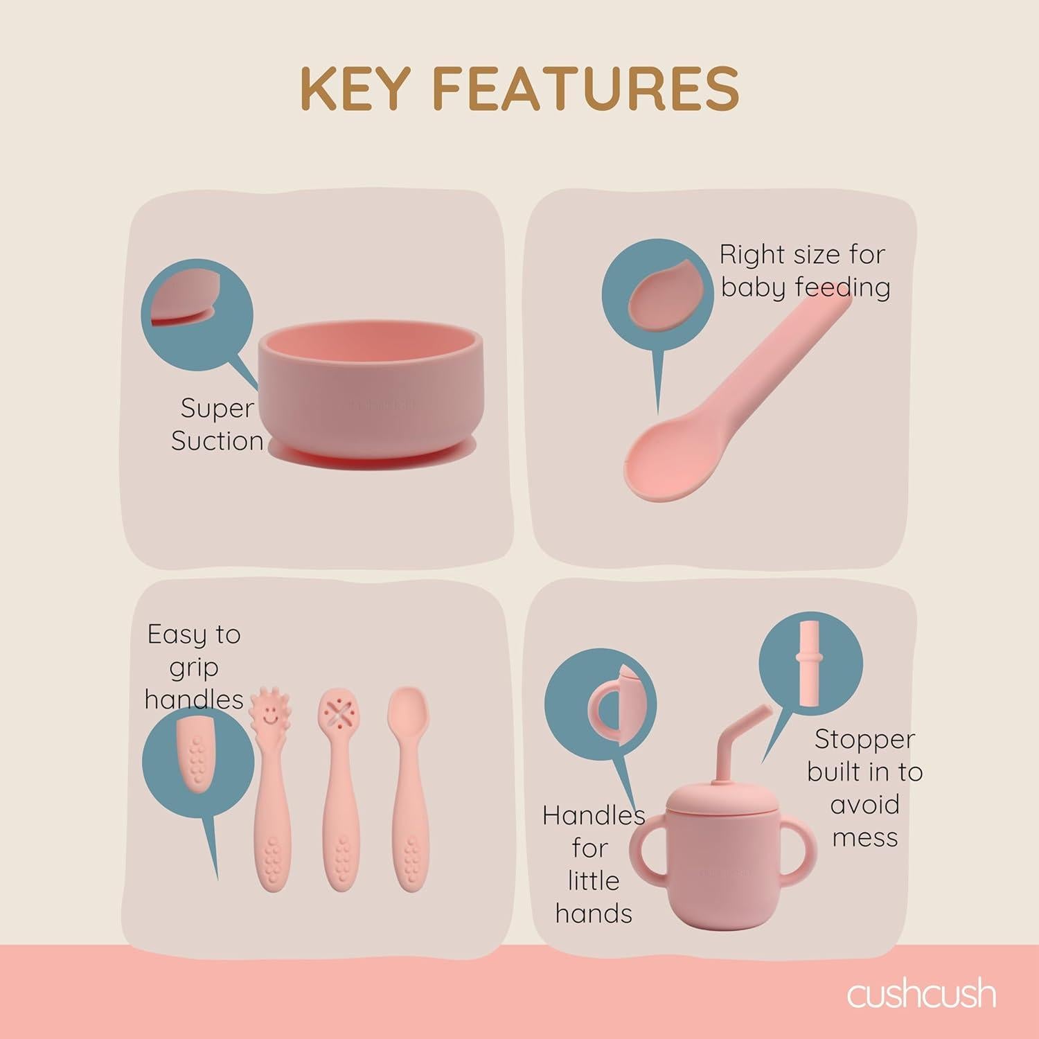 Juego de Alimentación Cushcush para Bebés - Silicona LFGB Rosa