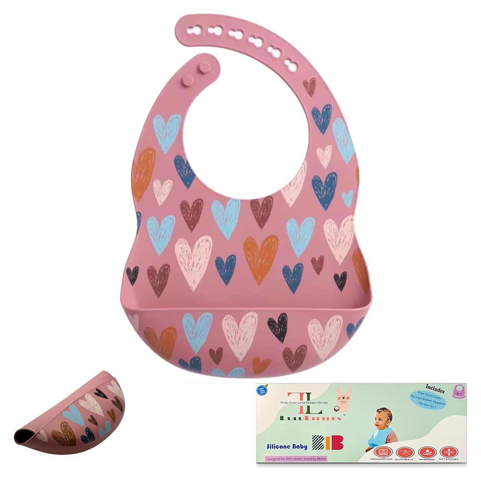 Baberos de silicona BPA Free con estuche de viaje - Corazones Rosa