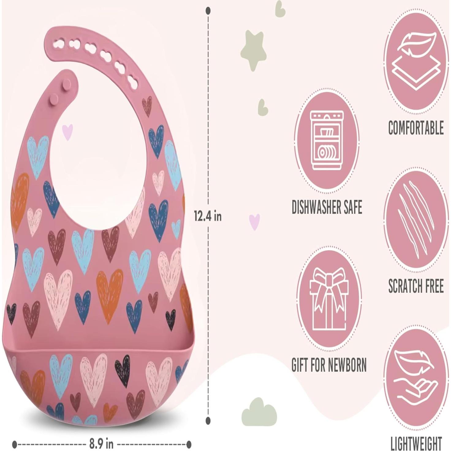 Baberos de silicona BPA Free con estuche de viaje - Corazones Rosa