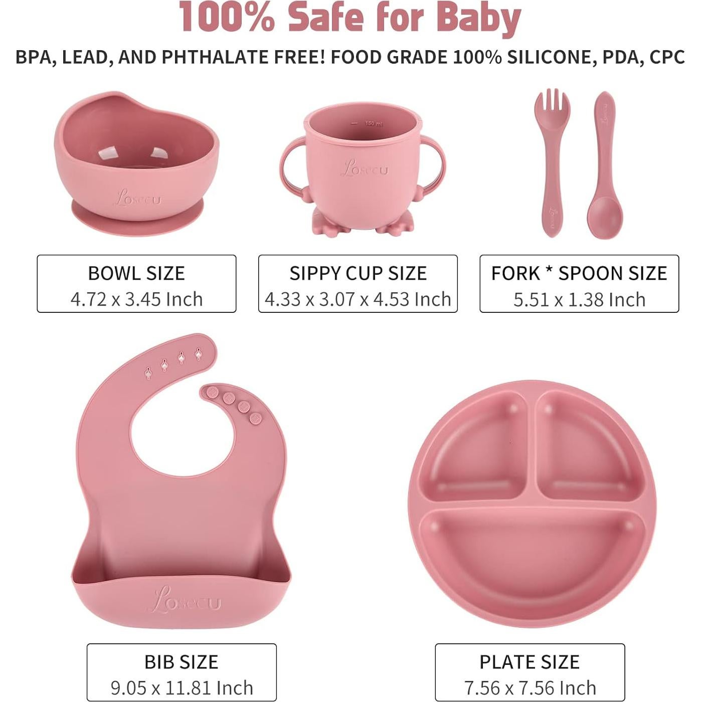 Juego de Alimentación Losecu 6 Piezas Silicona Rosa Antiderrame