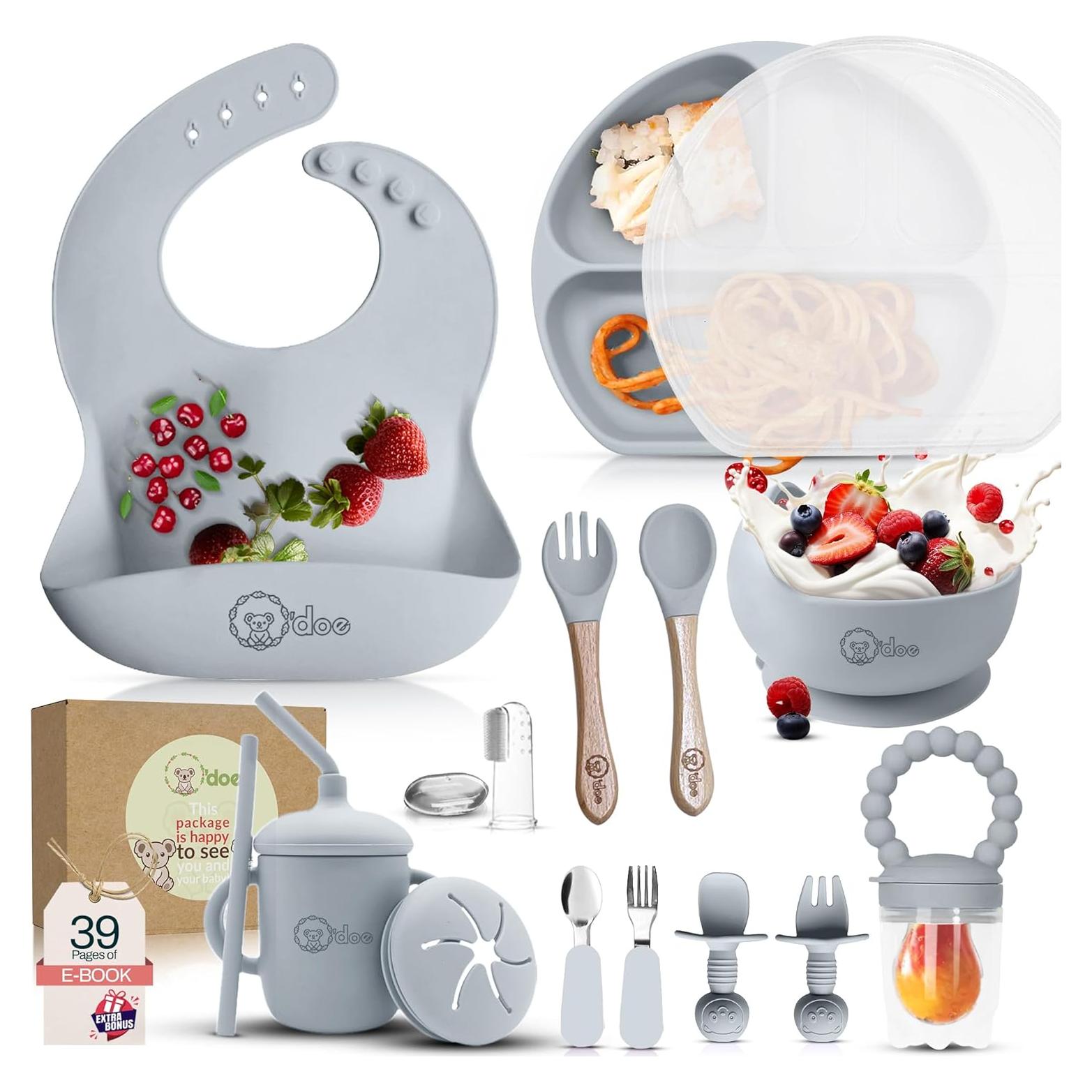 Set de Alimentación para Bebés O'doe 17 Piezas Libre BPA Gris