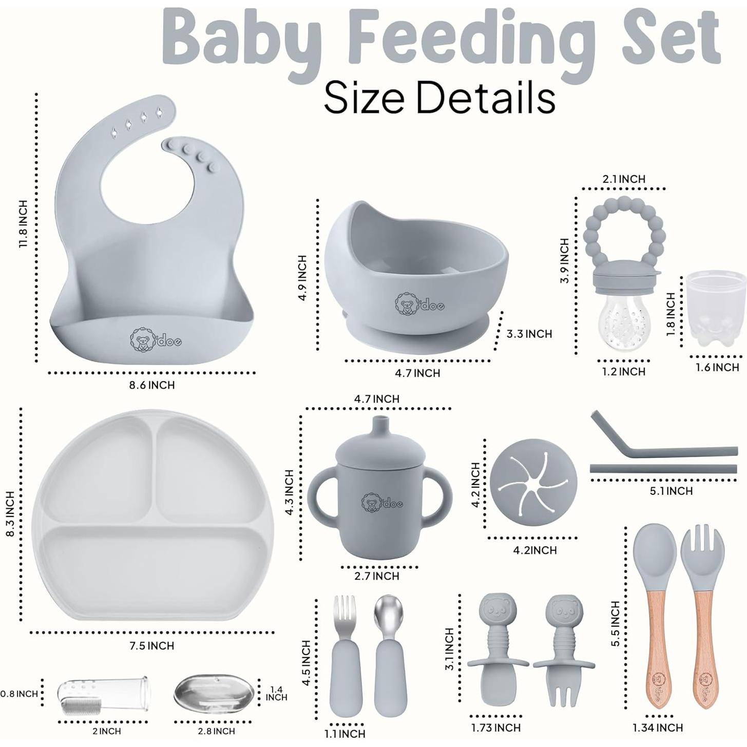 Set de Alimentación para Bebés O'doe 17 Piezas Libre BPA Gris