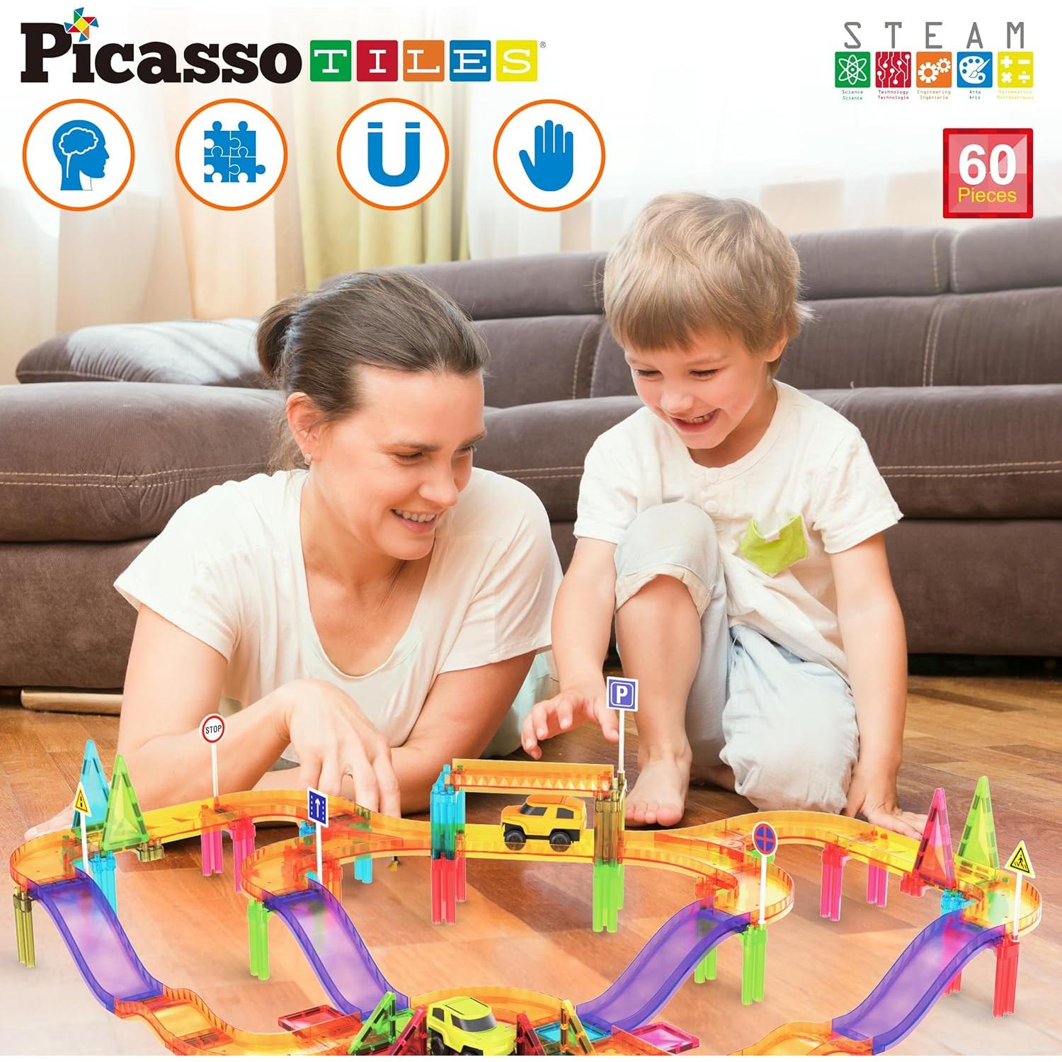 PicassoTiles 60 Piezas Pista de Coche de Carreras Magnética