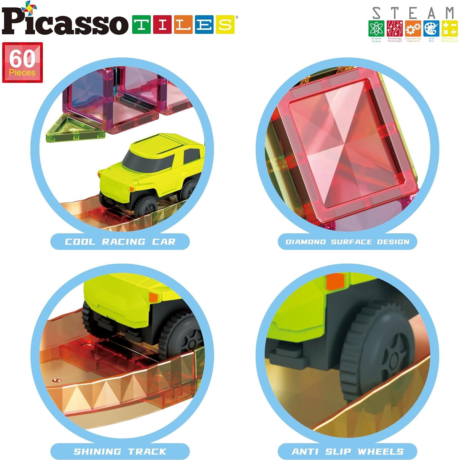 PicassoTiles 60 Piezas Pista de Coche de Carreras Magnética
